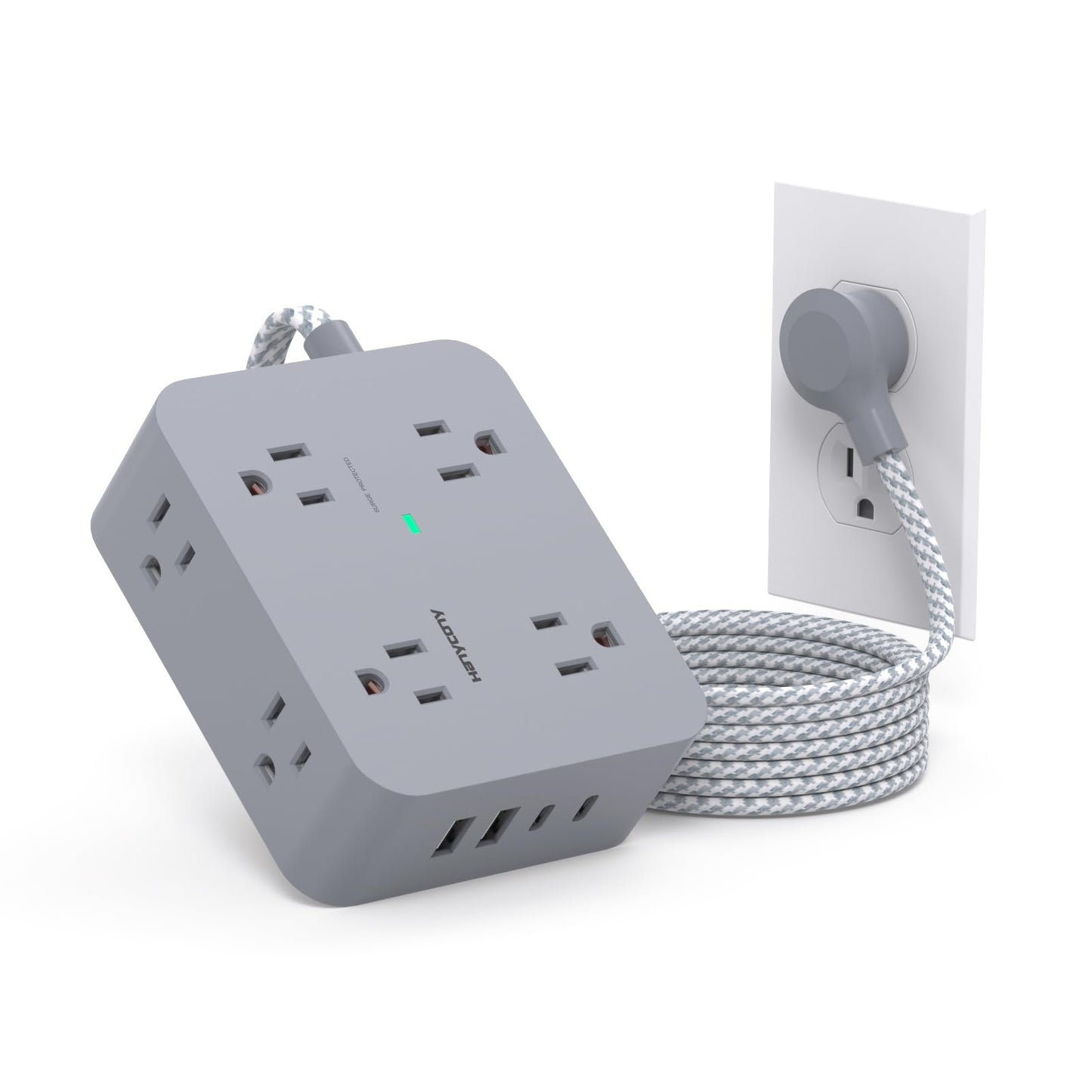 Surge Protector Power Strip - HANYCONY 8 Outlets 4 USB (2 USB C) Charging Ports, Multi Plug Outlet Extender, 5Ft Braided Extension Cord, Flat Plug Wall Mount Desk Charging Station for Home Office ETL