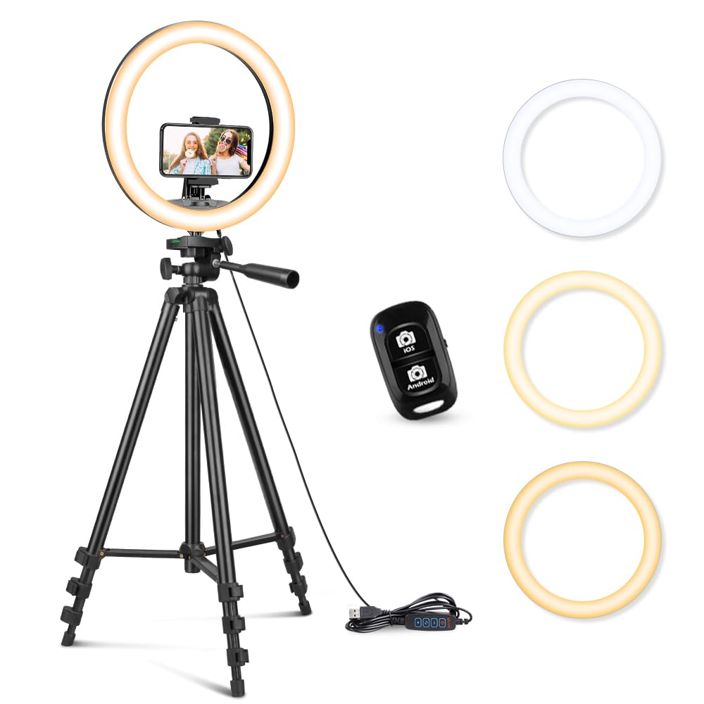 10'' Ring Light with 50'' Extendable Tripod Stand, LED Circle Lights with Phone Holder for Live Stream/Makeup/YouTube Video/TikTok, Compatible with All Phones