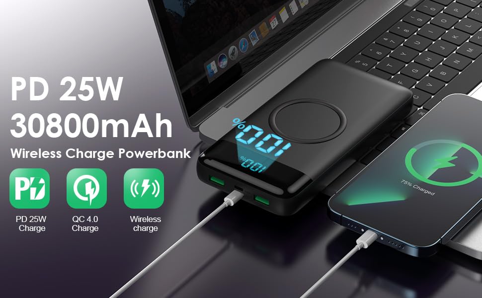 Wireless Portable Charger 40800mAh with 3 Built-in Cables,7-in-1 15W Wireless Charging Power Bank,25W PD QC 4.0 Fast Charging USB C LCD Display Battery Pack for iPhone 17/16/15/13,Samsung,Android etc