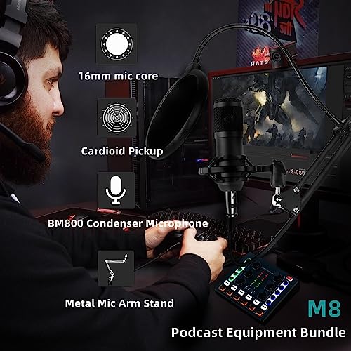 Podcast Equipment Bundle, BM-800 Recording Studio Package with Voice Changer, Live Sound Card - Audio Interface for Laptop Computer Vlog Living Broadcast Live Streaming YouTube TikTok (AM100-V8)