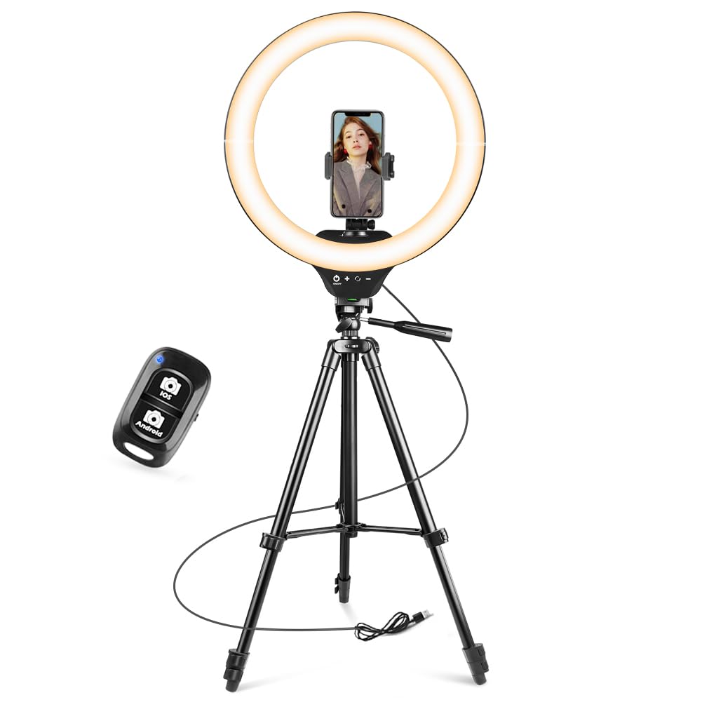 10'' Ring Light with 50'' Extendable Tripod Stand, LED Circle Lights with Phone Holder for Live Stream/Makeup/YouTube Video/TikTok, Compatible with All Phones