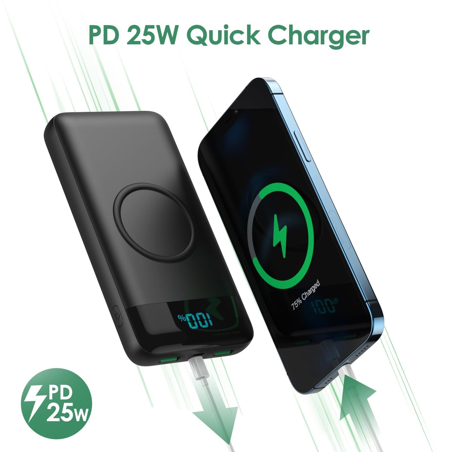 Wireless Portable Charger 40800mAh with 3 Built-in Cables,7-in-1 15W Wireless Charging Power Bank,25W PD QC 4.0 Fast Charging USB C LCD Display Battery Pack for iPhone 17/16/15/13,Samsung,Android etc