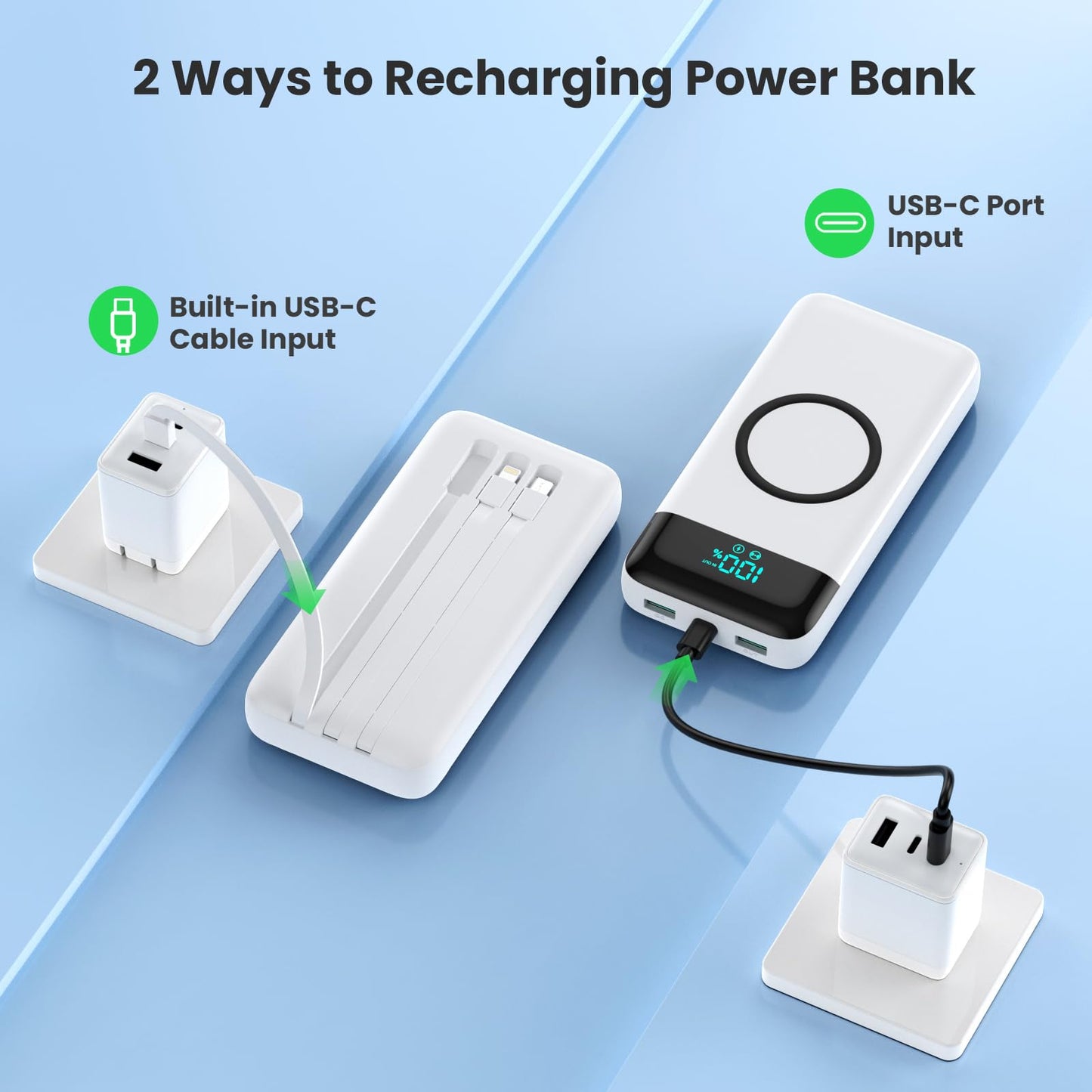 Wireless Portable Charger 40800mAh with 3 Built-in Cables,7-in-1 15W Wireless Charging Power Bank,25W PD QC 4.0 Fast Charging USB C LCD Display Battery Pack for iPhone 17/16/15/13,Samsung,Android etc