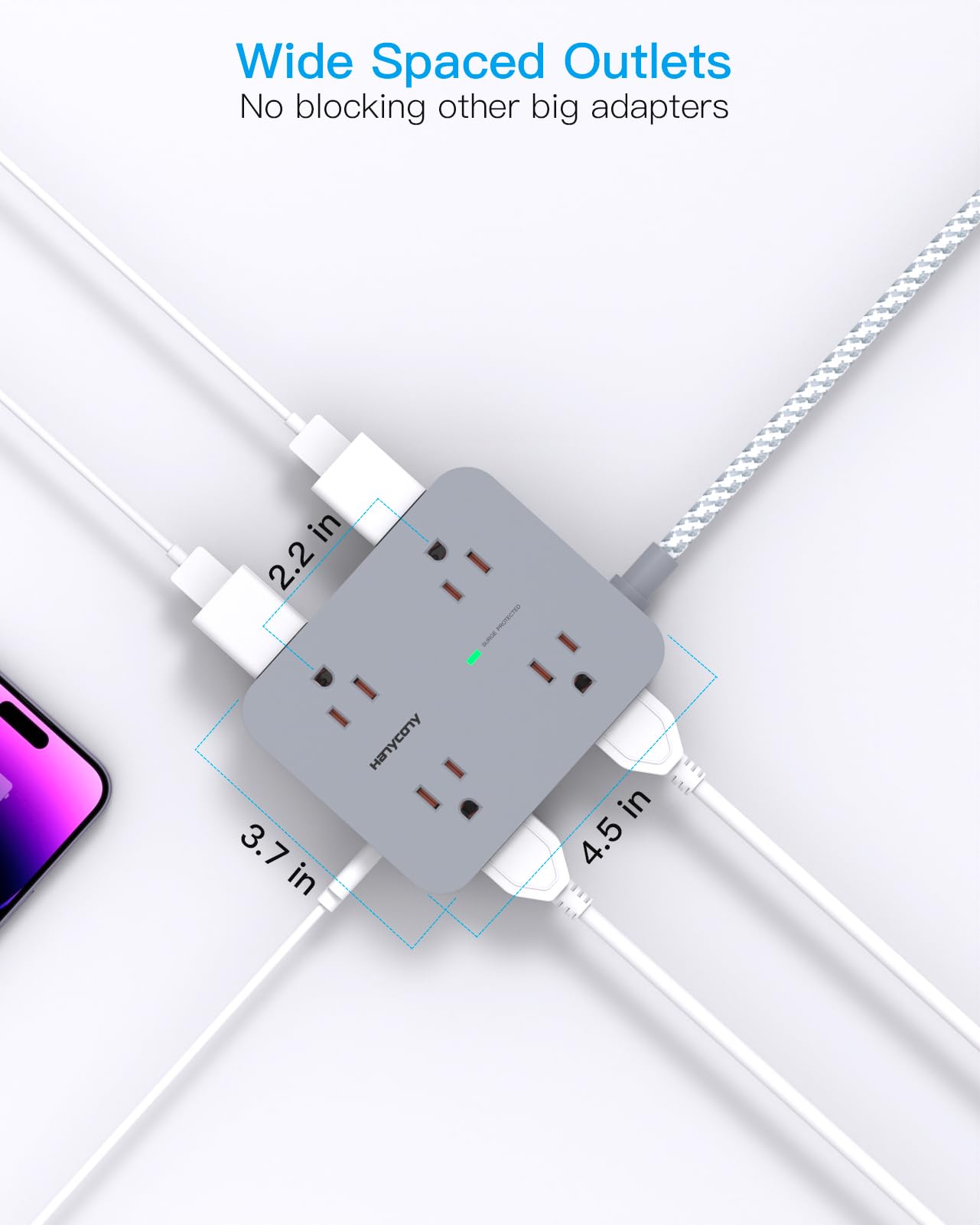 Surge Protector Power Strip - HANYCONY 8 Outlets 4 USB (2 USB C) Charging Ports, Multi Plug Outlet Extender, 5Ft Braided Extension Cord, Flat Plug Wall Mount Desk Charging Station for Home Office ETL