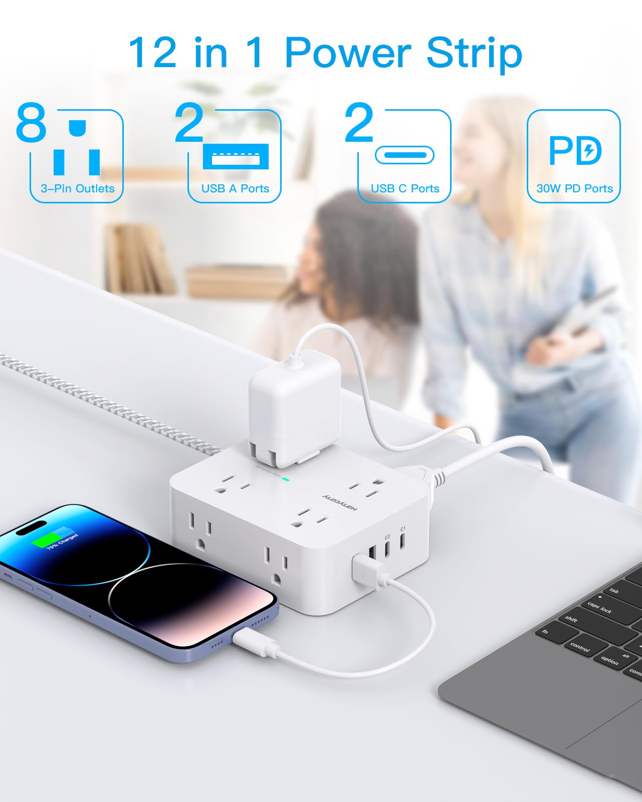 Surge Protector Power Strip - HANYCONY 8 Outlets 4 USB (2 USB C) Charging Ports, Multi Plug Outlet Extender, 5Ft Braided Extension Cord, Flat Plug Wall Mount Desk Charging Station for Home Office ETL