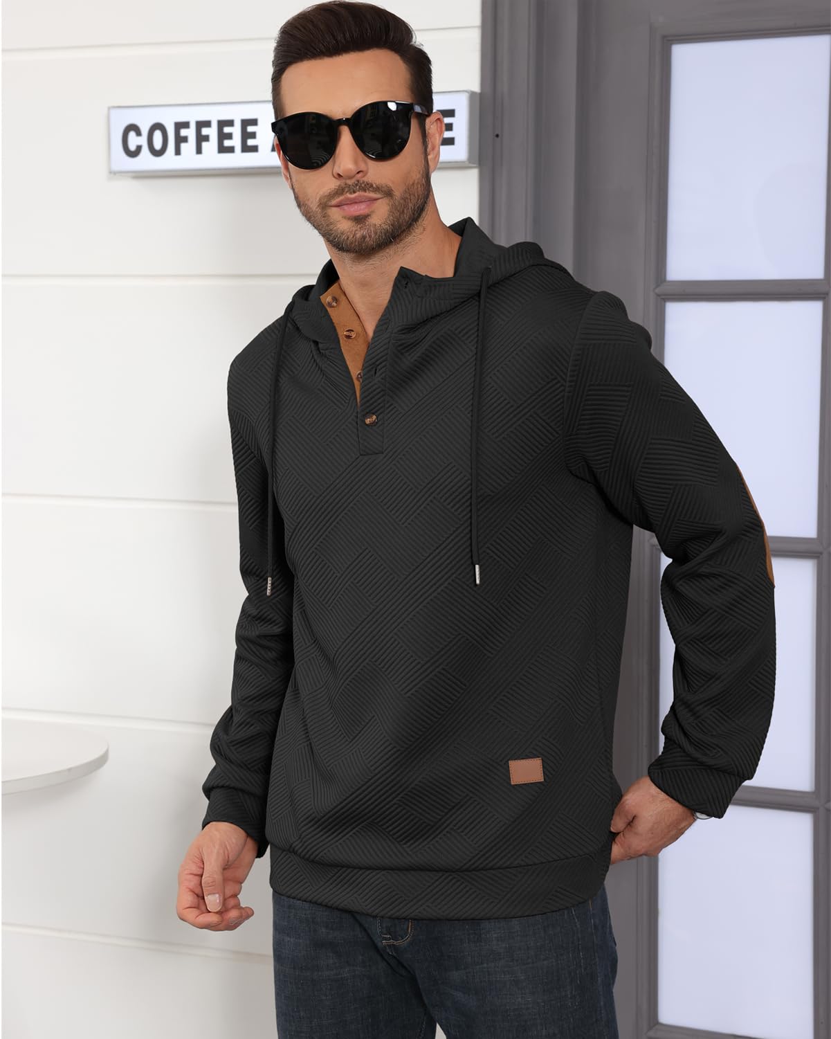 Men's Hoodies Pullover Casual Long Sleeve Stand Collar Button Pullover Sweatshirts Color Block Pullover Black L