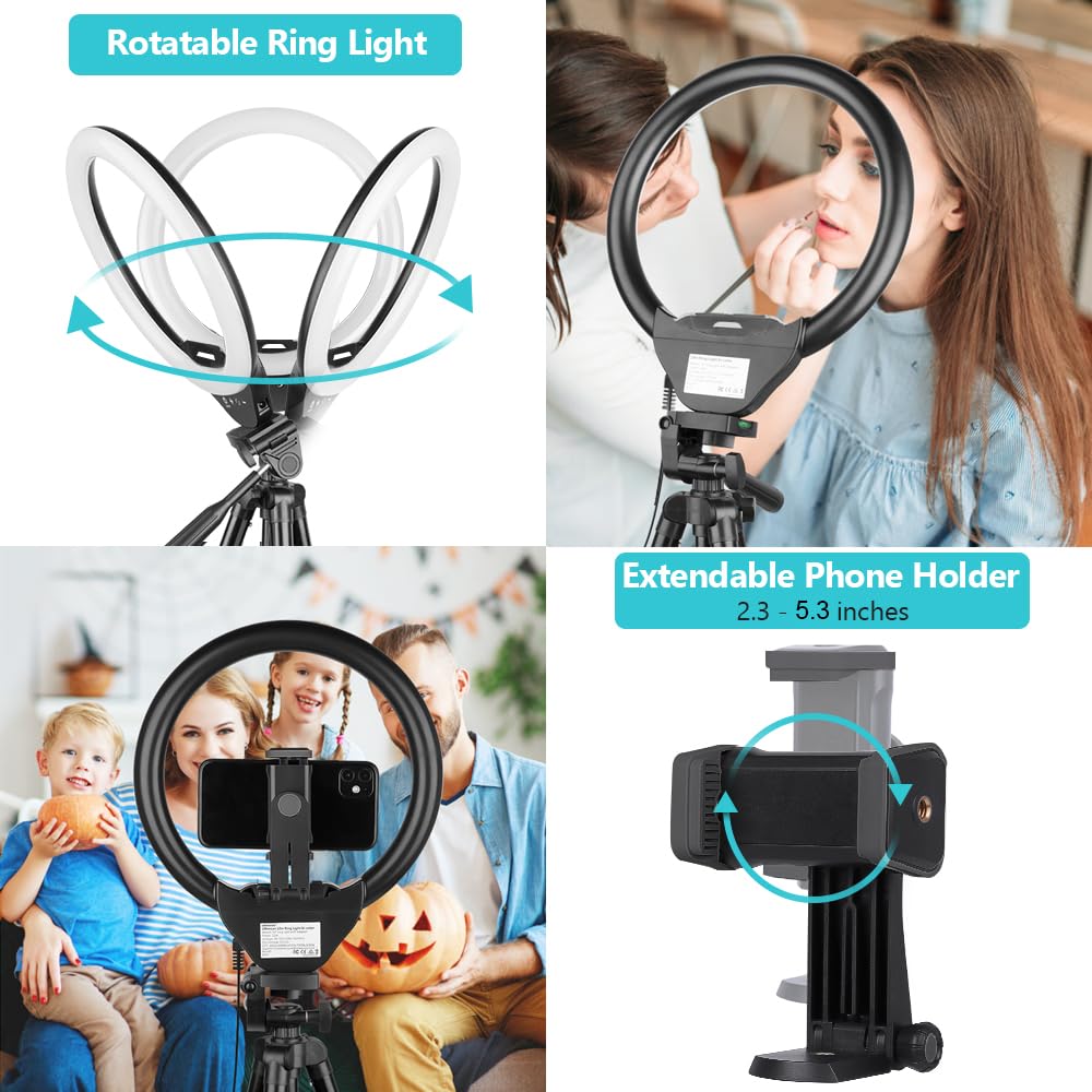 10'' Ring Light with 50'' Extendable Tripod Stand, LED Circle Lights with Phone Holder for Live Stream/Makeup/YouTube Video/TikTok, Compatible with All Phones