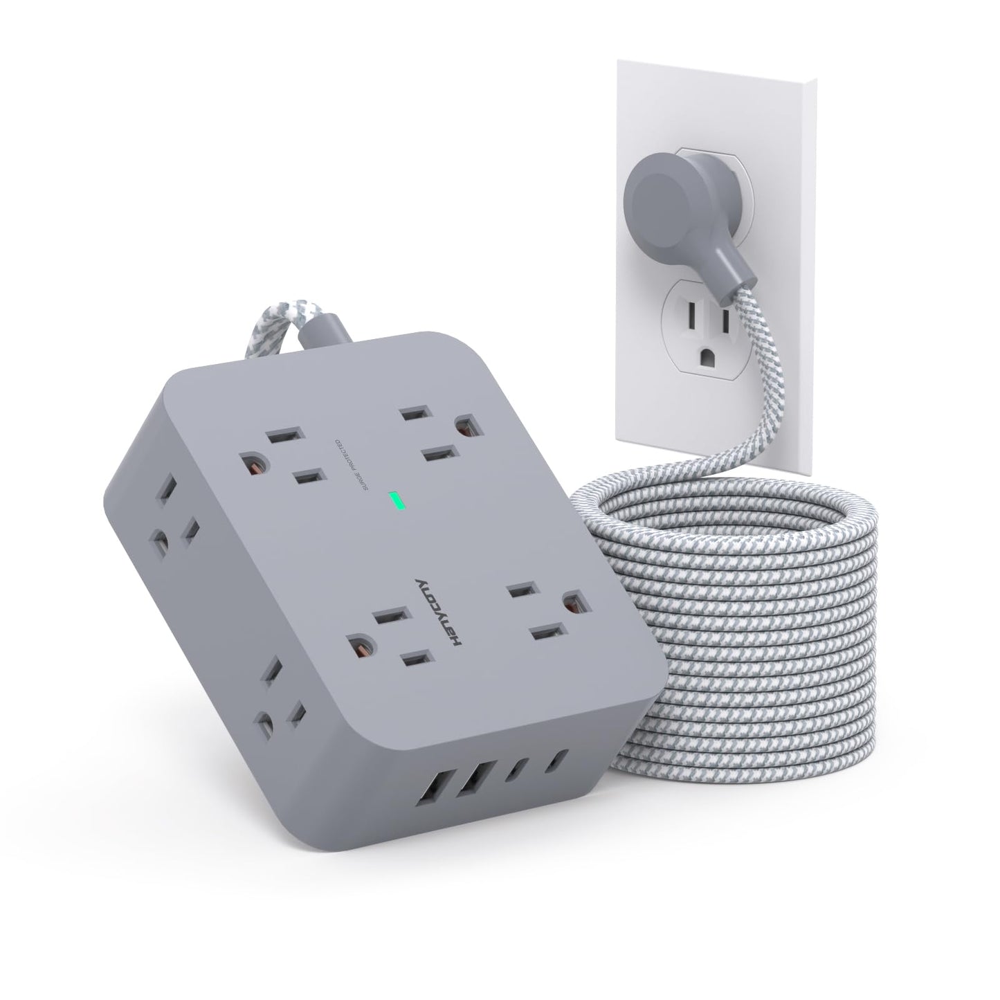 Surge Protector Power Strip - HANYCONY 8 Outlets 4 USB (2 USB C) Charging Ports, Multi Plug Outlet Extender, 5Ft Braided Extension Cord, Flat Plug Wall Mount Desk Charging Station for Home Office ETL