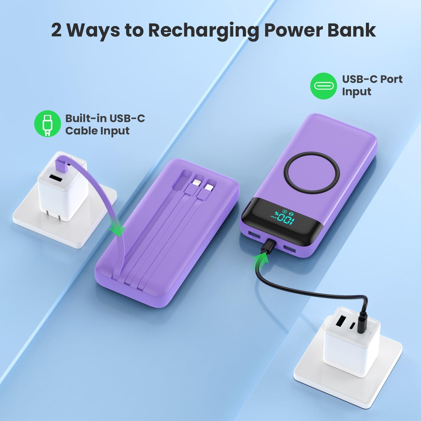 Wireless Portable Charger 40800mAh with 3 Built-in Cables,7-in-1 15W Wireless Charging Power Bank,25W PD QC 4.0 Fast Charging USB C LCD Display Battery Pack for iPhone 17/16/15/13,Samsung,Android etc