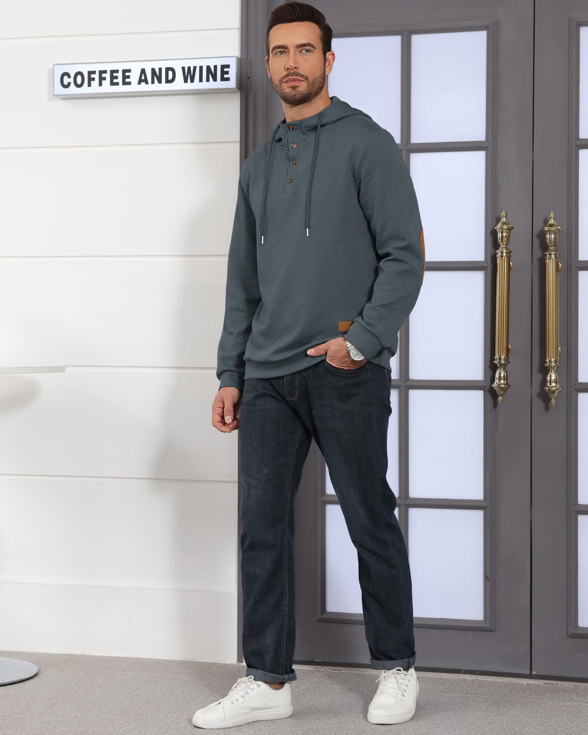 Men's Hoodies Pullover Casual Long Sleeve Stand Collar Button Pullover Sweatshirts Color Block Pullover Black L