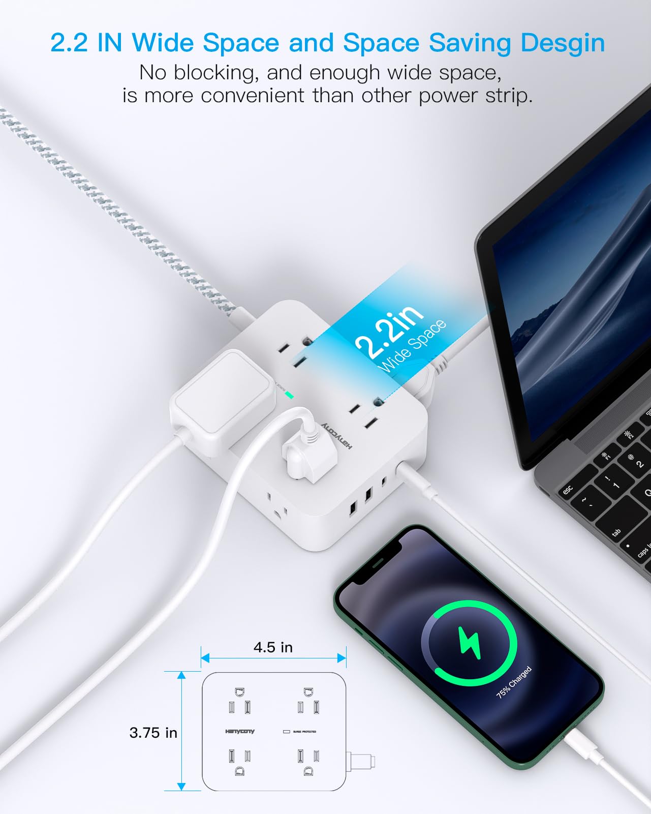 Surge Protector Power Strip - HANYCONY 8 Outlets 4 USB (2 USB C) Charging Ports, Multi Plug Outlet Extender, 5Ft Braided Extension Cord, Flat Plug Wall Mount Desk Charging Station for Home Office ETL