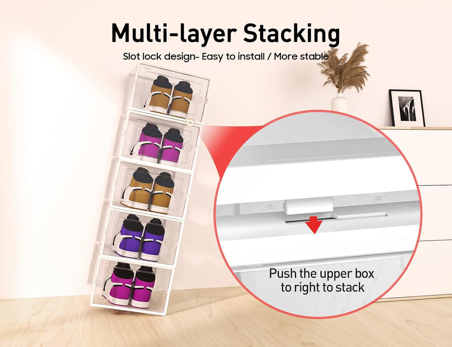 Shoe Storage Boxes Organizers Clear Plastic Stackable 12 Pack, Shoe Rack & Holder Substitute, Sneaker Containers, Toy Storage Organizer Bins for Entryway, Closet, Under Bed, Black