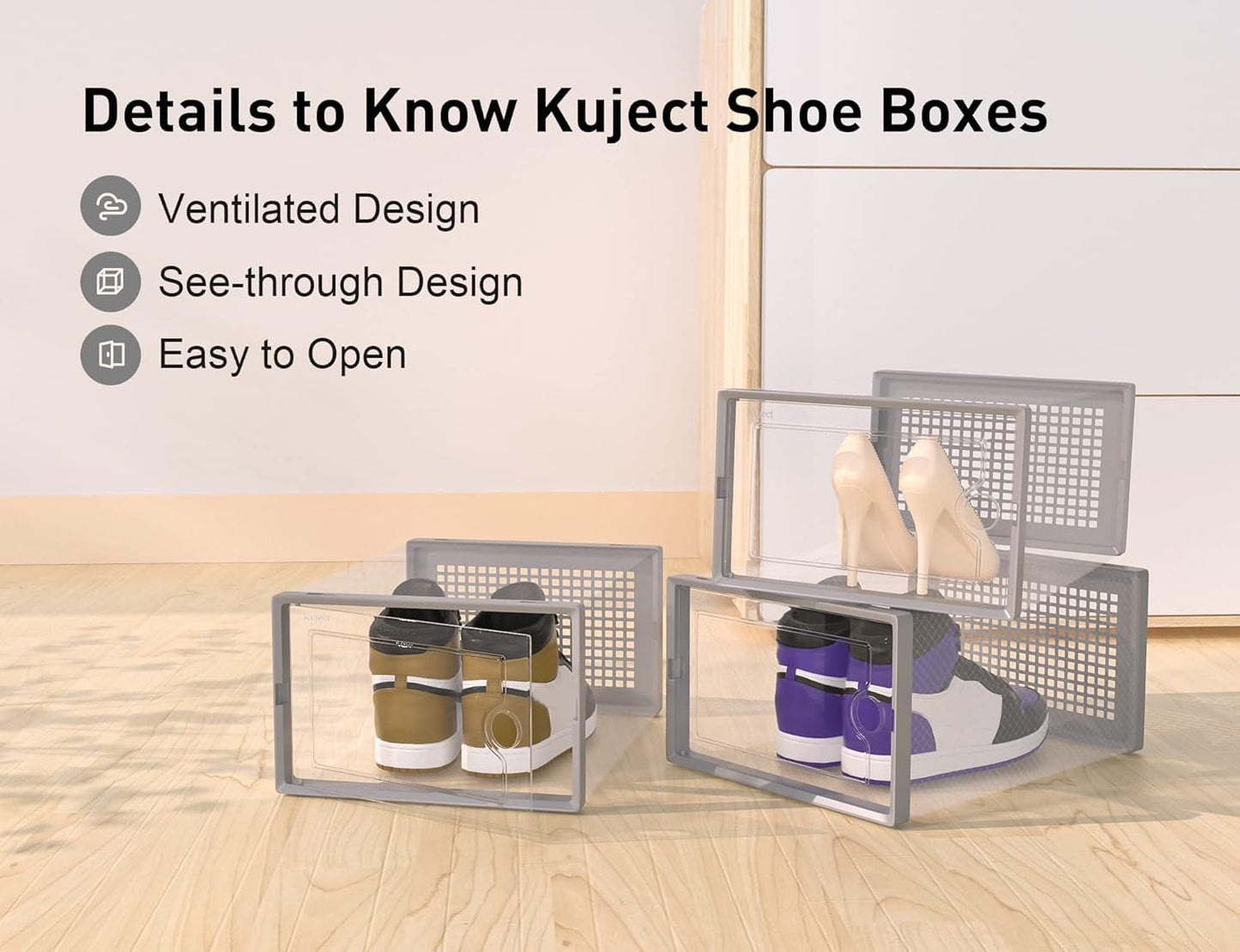 Shoe Storage Boxes Organizers Clear Plastic Stackable 12 Pack, Shoe Rack & Holder Substitute, Sneaker Containers, Toy Storage Organizer Bins for Entryway, Closet, Under Bed, Black