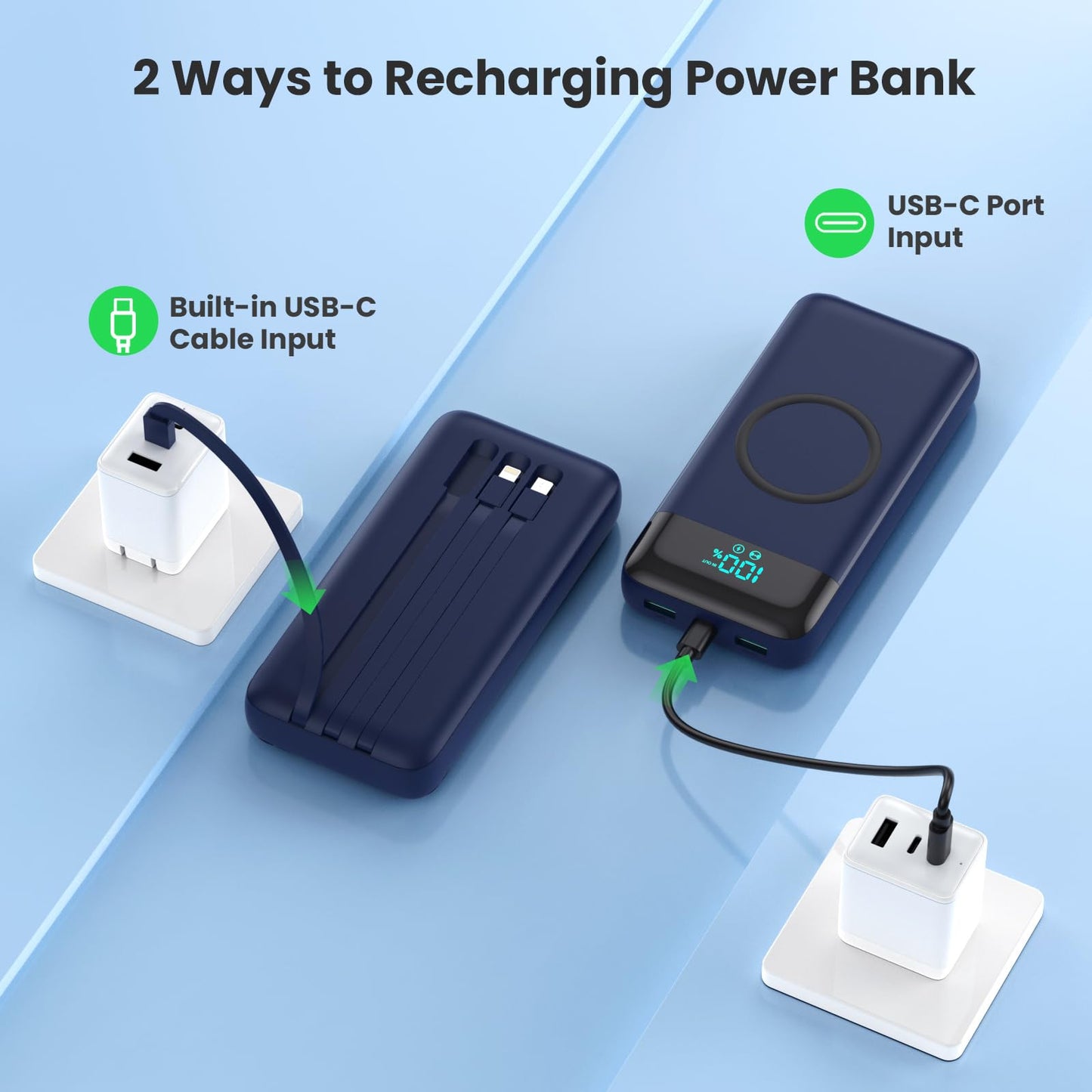 Wireless Portable Charger 40800mAh with 3 Built-in Cables,7-in-1 15W Wireless Charging Power Bank,25W PD QC 4.0 Fast Charging USB C LCD Display Battery Pack for iPhone 17/16/15/13,Samsung,Android etc