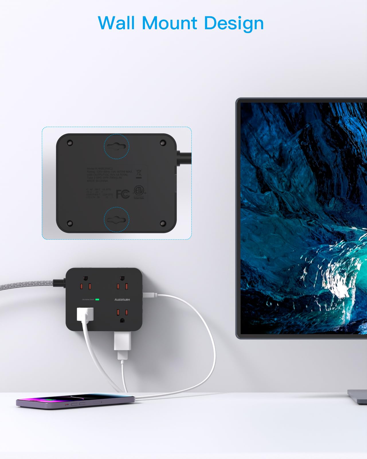 Surge Protector Power Strip - HANYCONY 8 Outlets 4 USB (2 USB C) Charging Ports, Multi Plug Outlet Extender, 5Ft Braided Extension Cord, Flat Plug Wall Mount Desk Charging Station for Home Office ETL