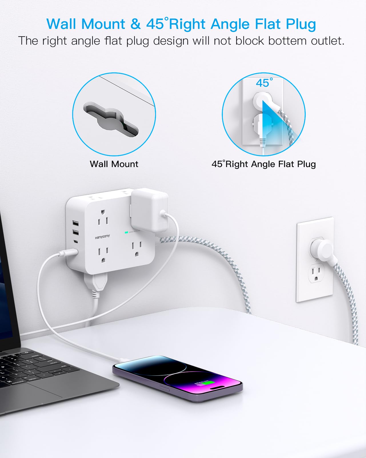 Surge Protector Power Strip - HANYCONY 8 Outlets 4 USB (2 USB C) Charging Ports, Multi Plug Outlet Extender, 5Ft Braided Extension Cord, Flat Plug Wall Mount Desk Charging Station for Home Office ETL
