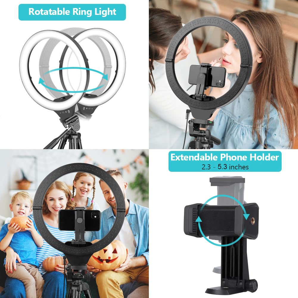 10'' Ring Light with 50'' Extendable Tripod Stand, LED Circle Lights with Phone Holder for Live Stream/Makeup/YouTube Video/TikTok, Compatible with All Phones