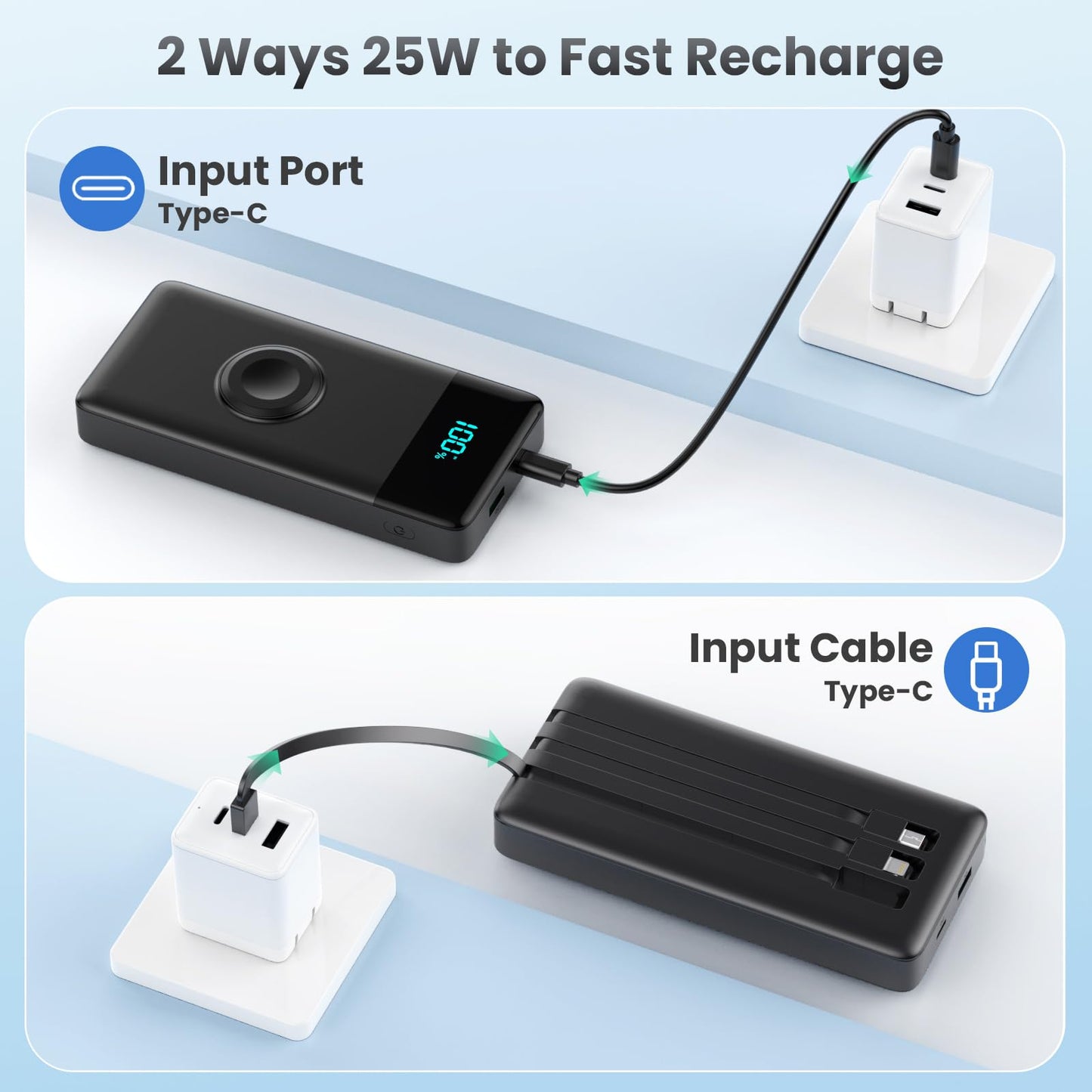 Wireless Portable Charger 40800mAh with 3 Built-in Cables,7-in-1 15W Wireless Charging Power Bank,25W PD QC 4.0 Fast Charging USB C LCD Display Battery Pack for iPhone 17/16/15/13,Samsung,Android etc