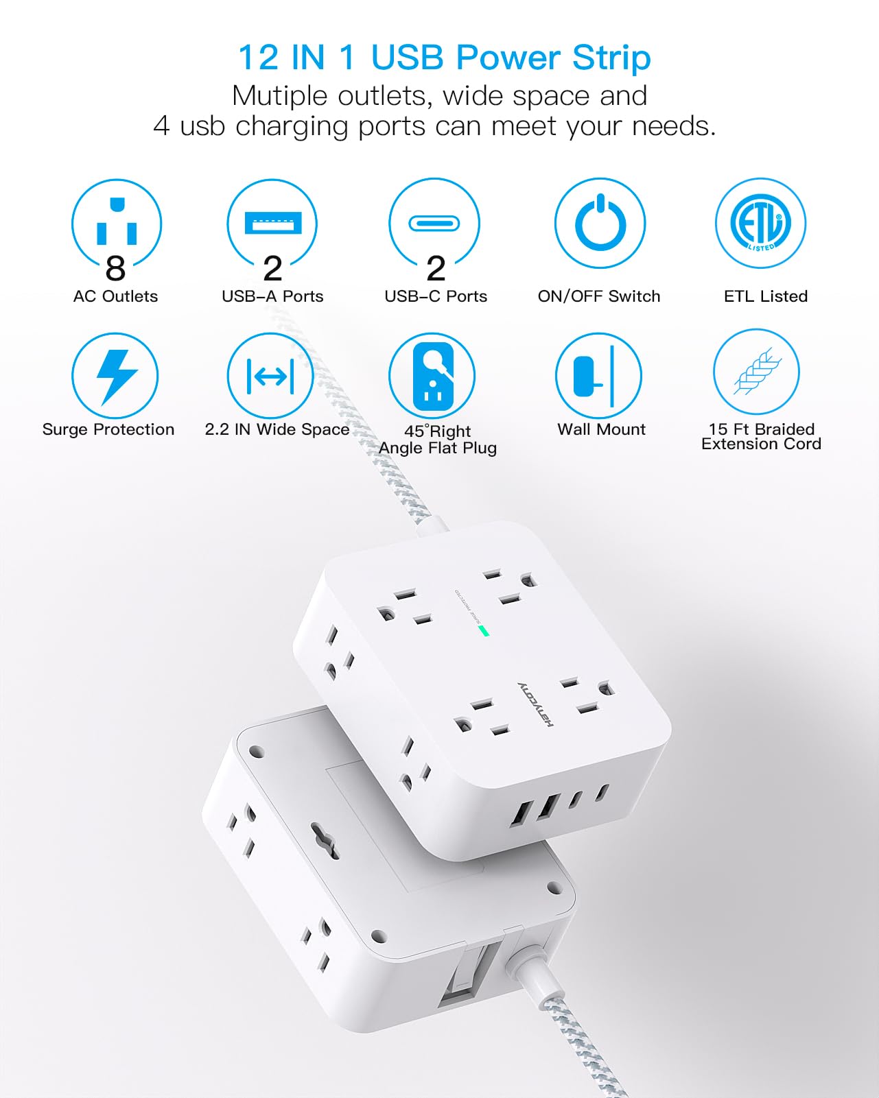 Surge Protector Power Strip - HANYCONY 8 Outlets 4 USB (2 USB C) Charging Ports, Multi Plug Outlet Extender, 5Ft Braided Extension Cord, Flat Plug Wall Mount Desk Charging Station for Home Office ETL