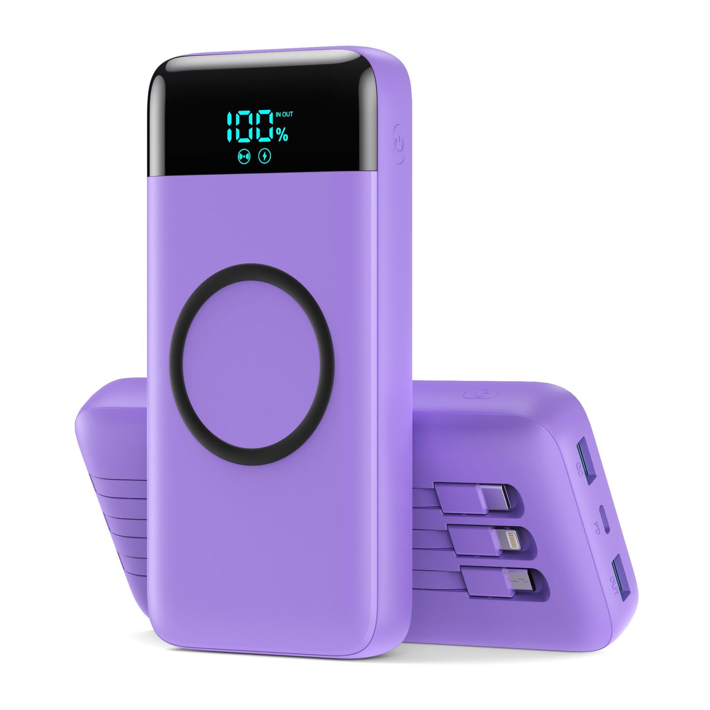 Wireless Portable Charger 40800mAh with 3 Built-in Cables,7-in-1 15W Wireless Charging Power Bank,25W PD QC 4.0 Fast Charging USB C LCD Display Battery Pack for iPhone 17/16/15/13,Samsung,Android etc