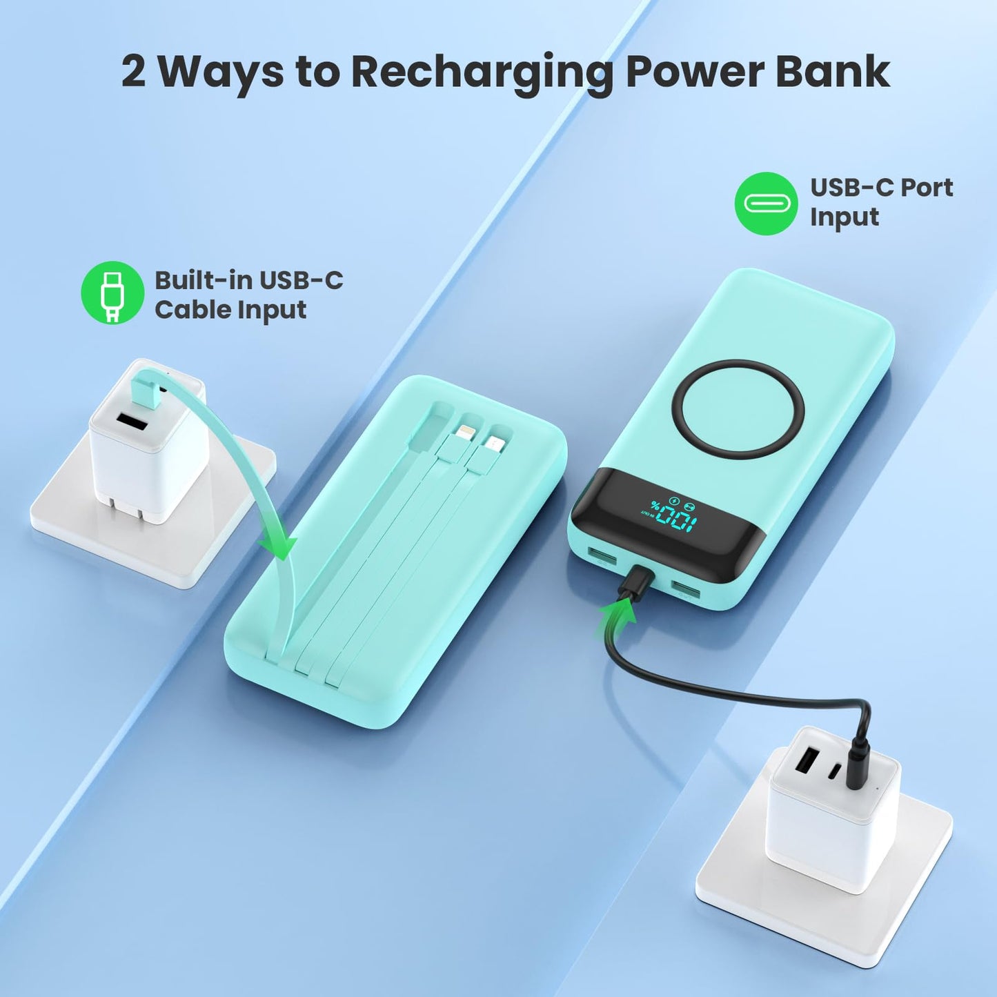 Wireless Portable Charger 40800mAh with 3 Built-in Cables,7-in-1 15W Wireless Charging Power Bank,25W PD QC 4.0 Fast Charging USB C LCD Display Battery Pack for iPhone 17/16/15/13,Samsung,Android etc