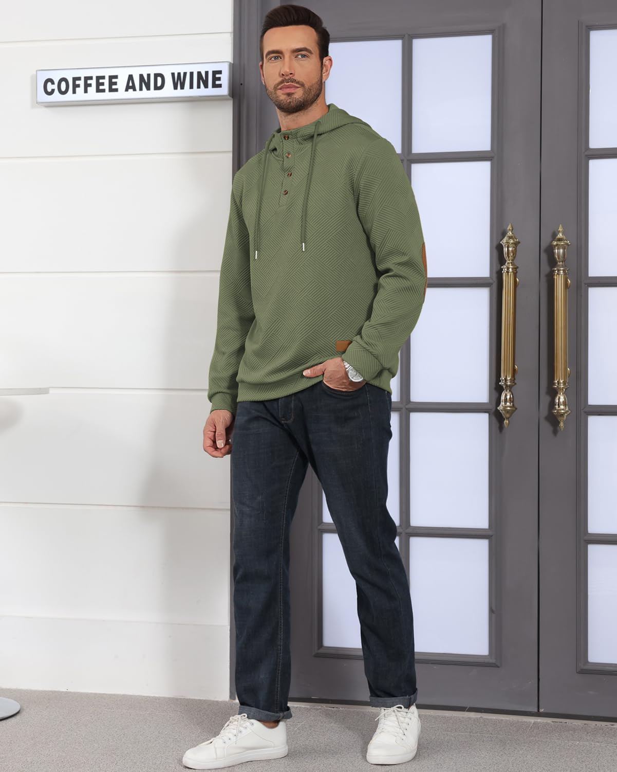 Men's Hoodies Pullover Casual Long Sleeve Stand Collar Button Pullover Sweatshirts Color Block Pullover Black L