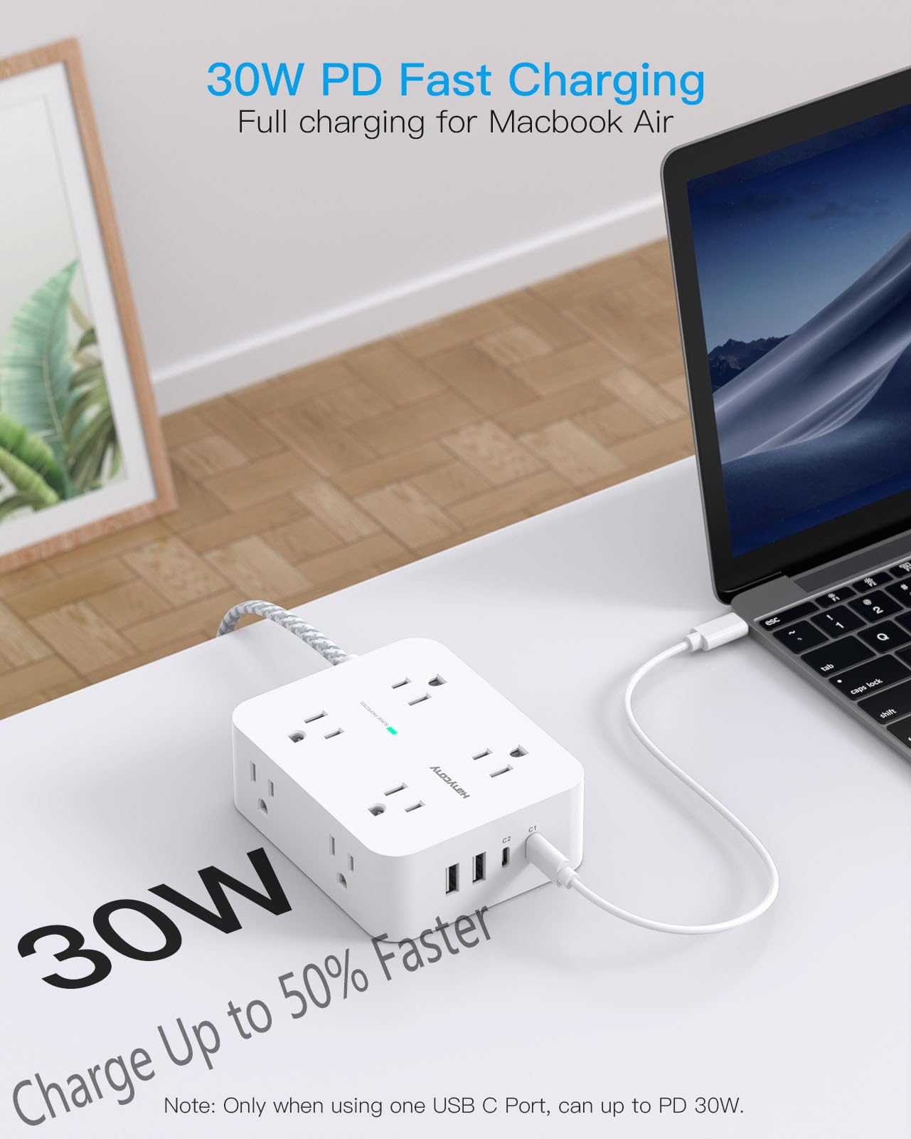 Surge Protector Power Strip - HANYCONY 8 Outlets 4 USB (2 USB C) Charging Ports, Multi Plug Outlet Extender, 5Ft Braided Extension Cord, Flat Plug Wall Mount Desk Charging Station for Home Office ETL
