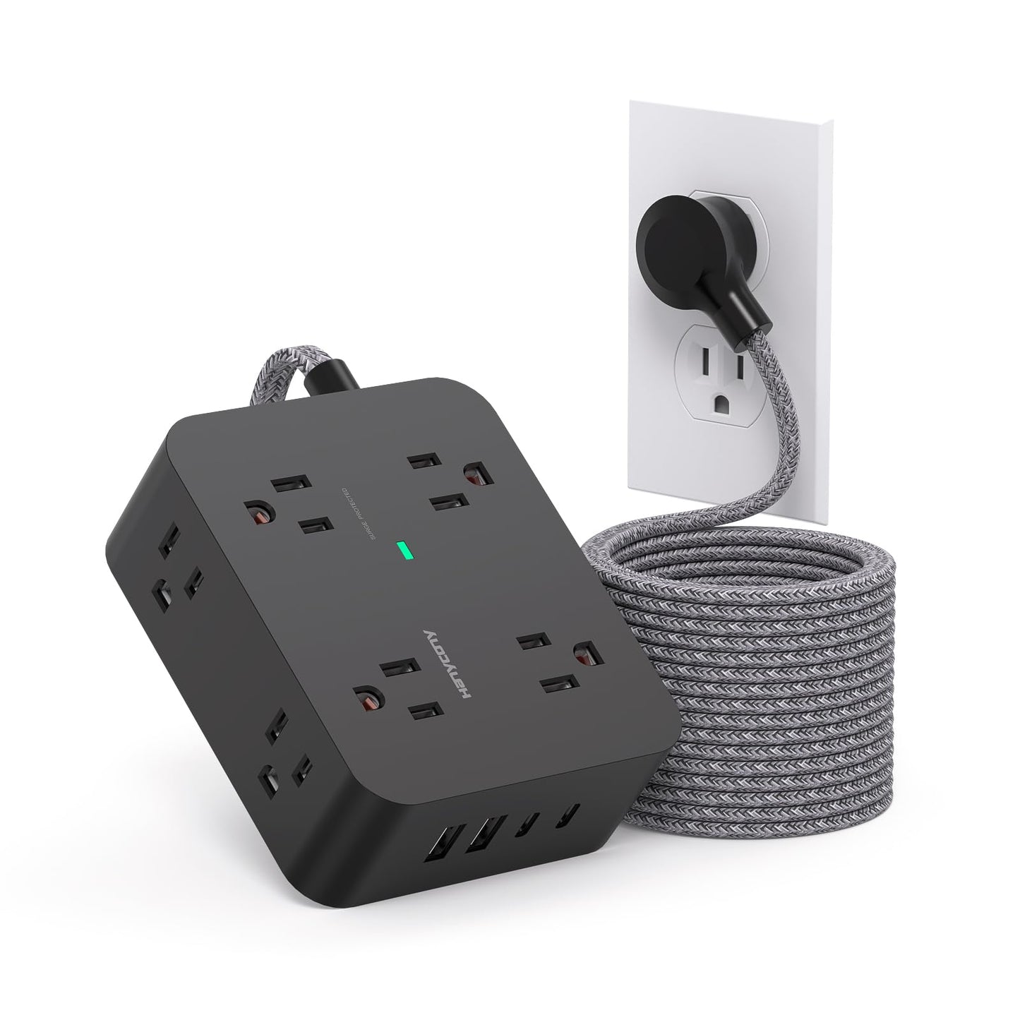 Surge Protector Power Strip - HANYCONY 8 Outlets 4 USB (2 USB C) Charging Ports, Multi Plug Outlet Extender, 5Ft Braided Extension Cord, Flat Plug Wall Mount Desk Charging Station for Home Office ETL
