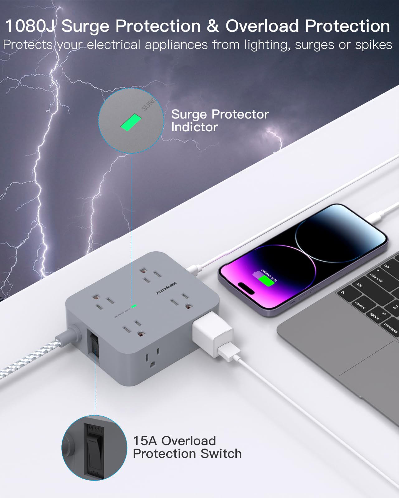 Surge Protector Power Strip - HANYCONY 8 Outlets 4 USB (2 USB C) Charging Ports, Multi Plug Outlet Extender, 5Ft Braided Extension Cord, Flat Plug Wall Mount Desk Charging Station for Home Office ETL