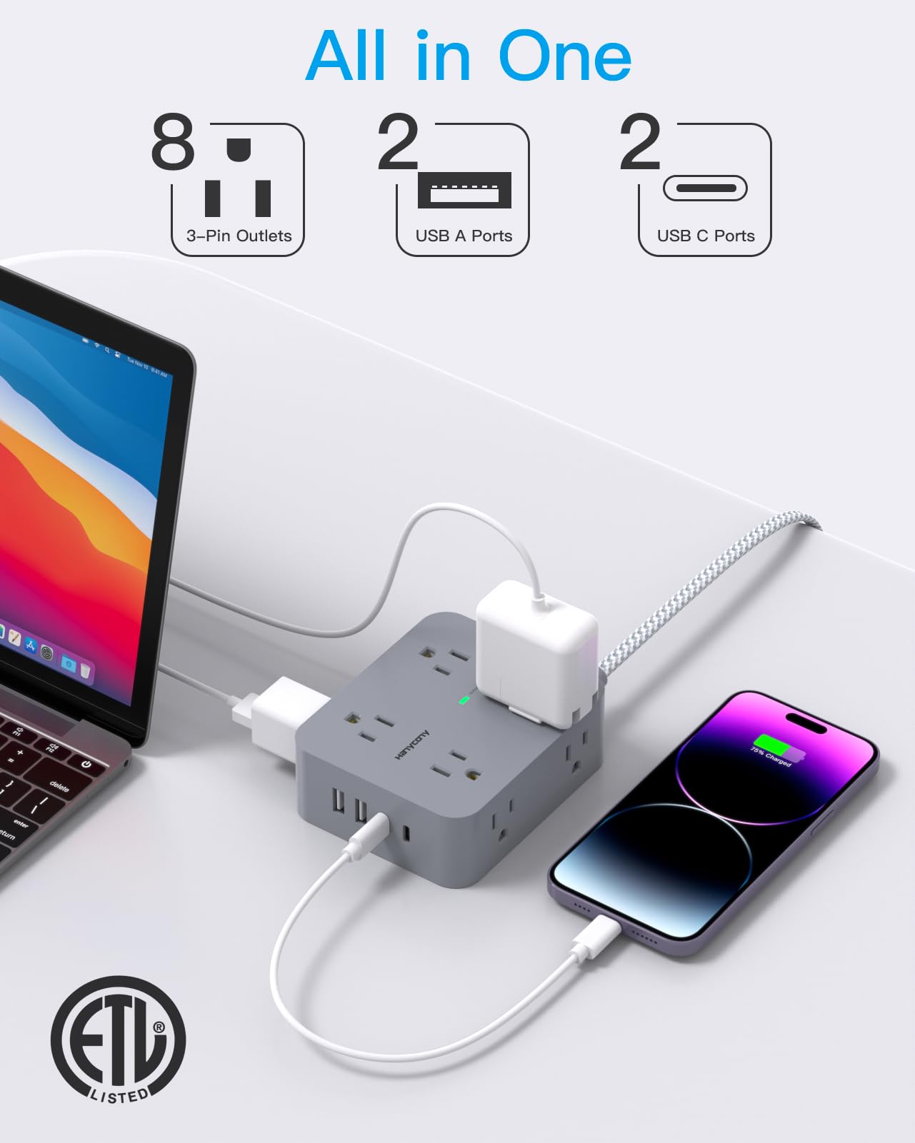 Surge Protector Power Strip - HANYCONY 8 Outlets 4 USB (2 USB C) Charging Ports, Multi Plug Outlet Extender, 5Ft Braided Extension Cord, Flat Plug Wall Mount Desk Charging Station for Home Office ETL