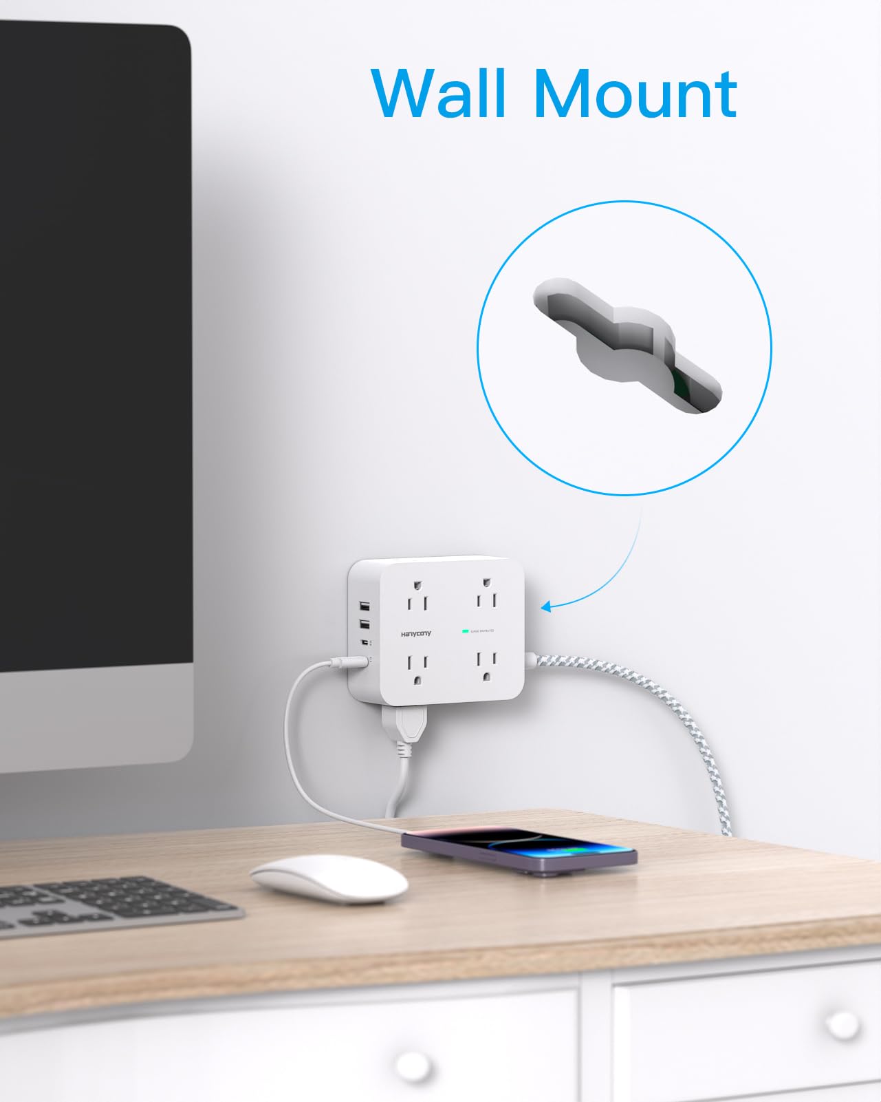 Surge Protector Power Strip - HANYCONY 8 Outlets 4 USB (2 USB C) Charging Ports, Multi Plug Outlet Extender, 5Ft Braided Extension Cord, Flat Plug Wall Mount Desk Charging Station for Home Office ETL