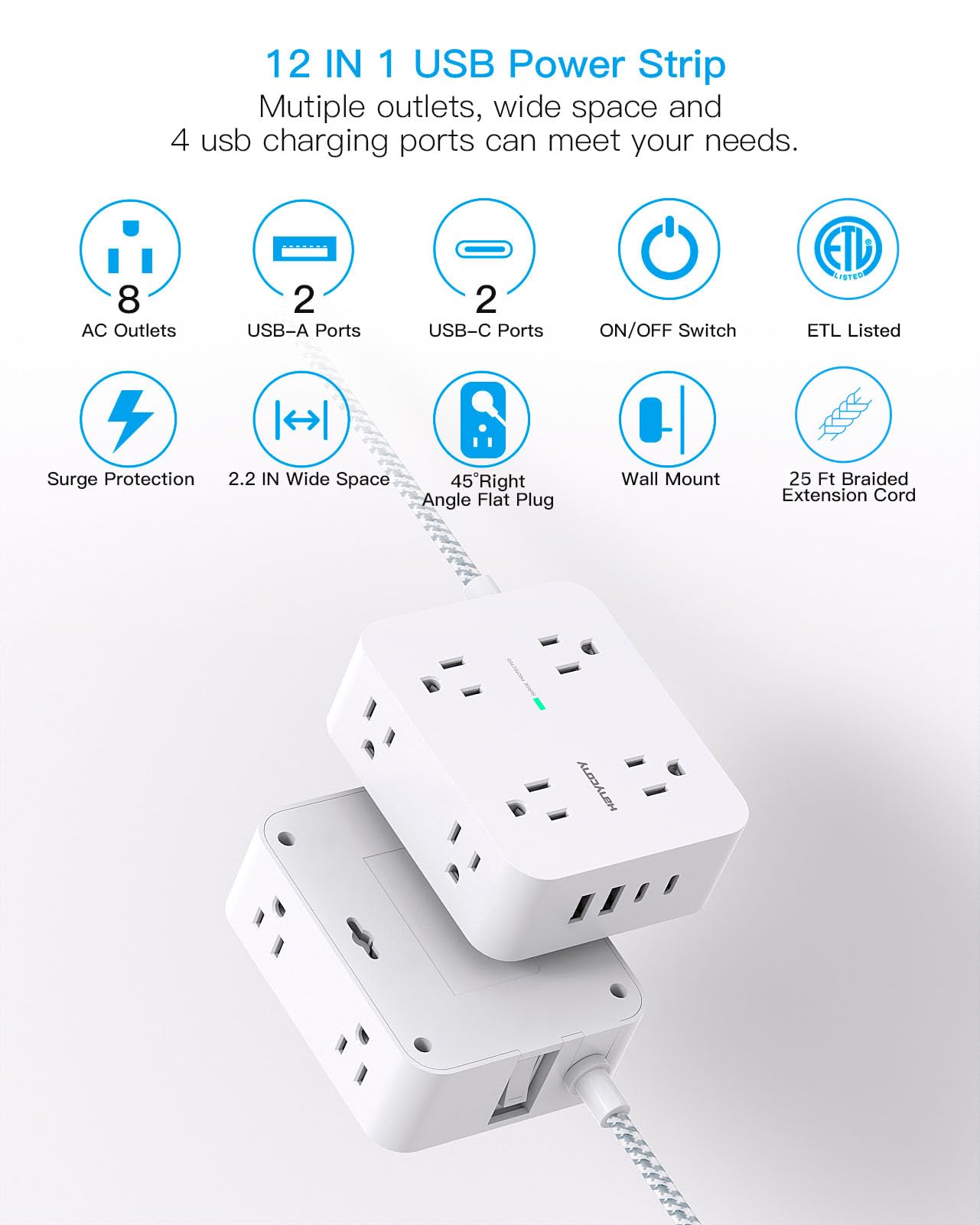 Surge Protector Power Strip - HANYCONY 8 Outlets 4 USB (2 USB C) Charging Ports, Multi Plug Outlet Extender, 5Ft Braided Extension Cord, Flat Plug Wall Mount Desk Charging Station for Home Office ETL