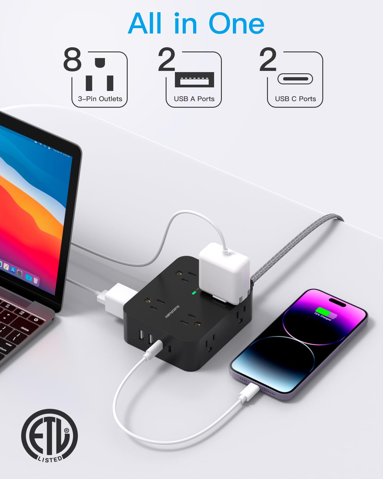 Surge Protector Power Strip - HANYCONY 8 Outlets 4 USB (2 USB C) Charging Ports, Multi Plug Outlet Extender, 5Ft Braided Extension Cord, Flat Plug Wall Mount Desk Charging Station for Home Office ETL