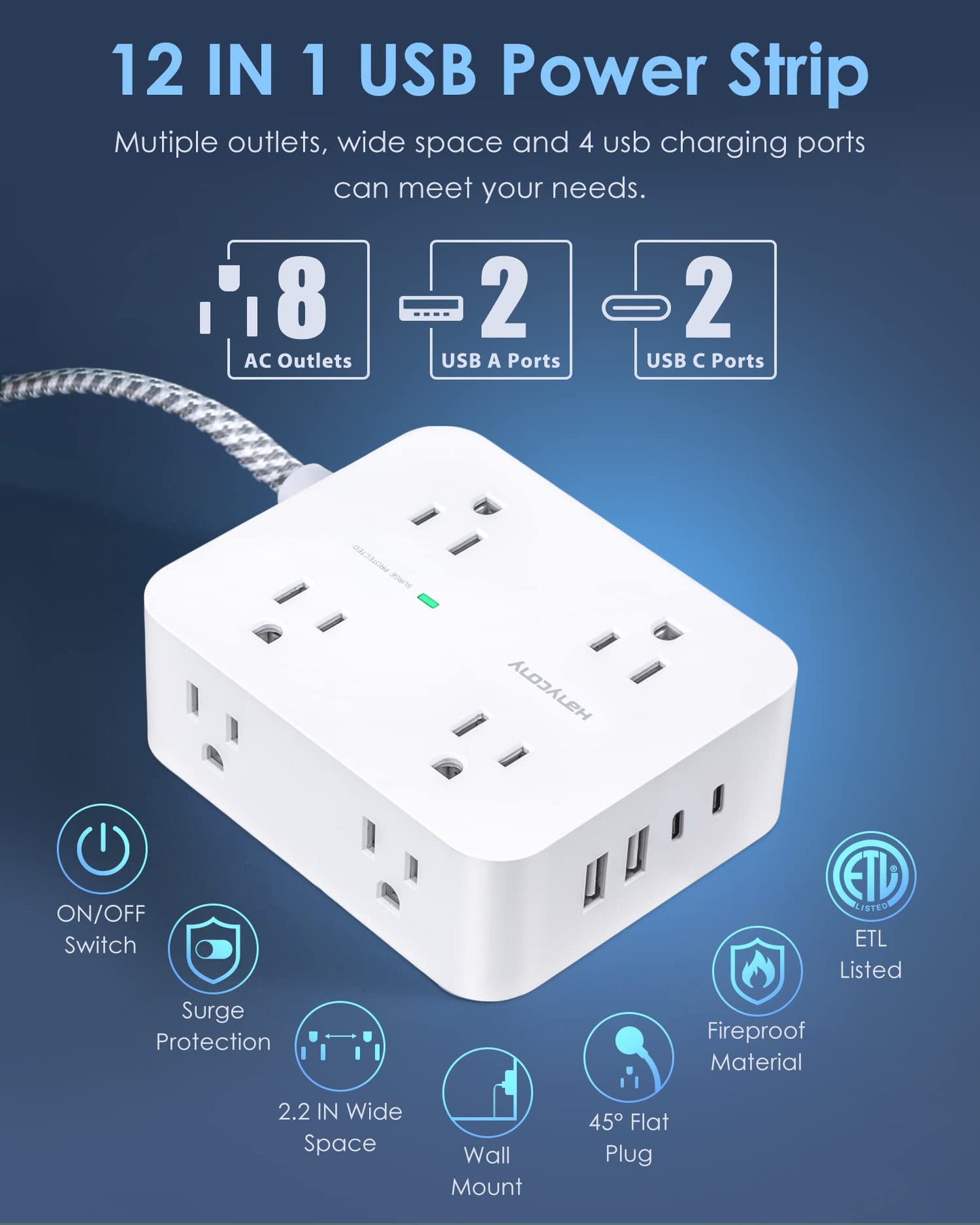 Surge Protector Power Strip - HANYCONY 8 Outlets 4 USB (2 USB C) Charging Ports, Multi Plug Outlet Extender, 5Ft Braided Extension Cord, Flat Plug Wall Mount Desk Charging Station for Home Office ETL