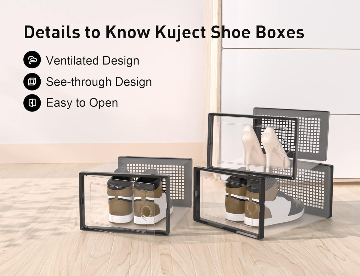 Shoe Storage Boxes Organizers Clear Plastic Stackable 12 Pack, Shoe Rack & Holder Substitute, Sneaker Containers, Toy Storage Organizer Bins for Entryway, Closet, Under Bed, Black