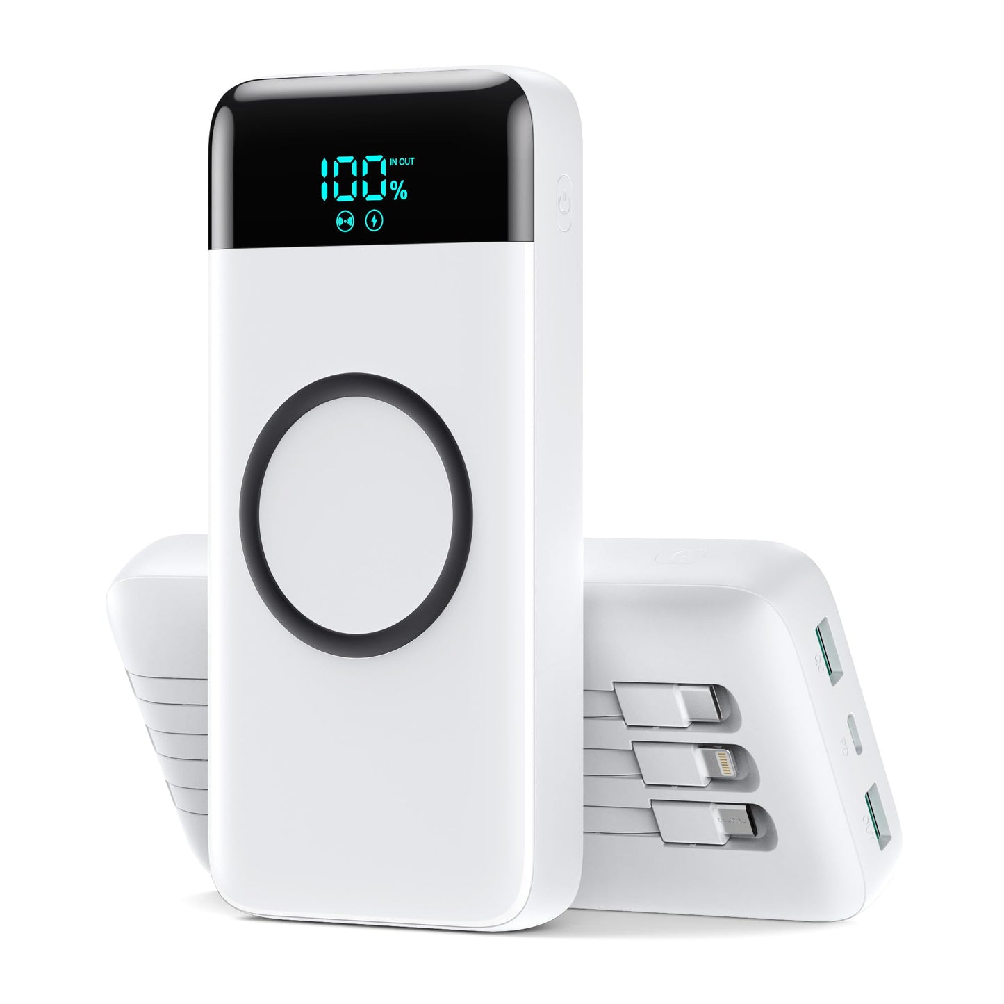 Wireless Portable Charger 40800mAh with 3 Built-in Cables,7-in-1 15W Wireless Charging Power Bank,25W PD QC 4.0 Fast Charging USB C LCD Display Battery Pack for iPhone 17/16/15/13,Samsung,Android etc