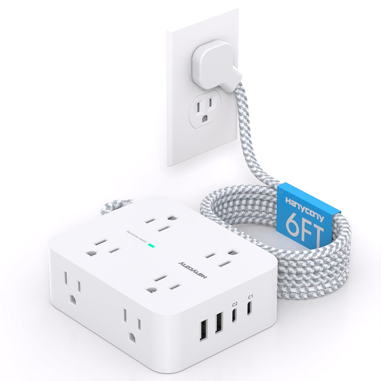 Surge Protector Power Strip - HANYCONY 8 Outlets 4 USB (2 USB C) Charging Ports, Multi Plug Outlet Extender, 5Ft Braided Extension Cord, Flat Plug Wall Mount Desk Charging Station for Home Office ETL