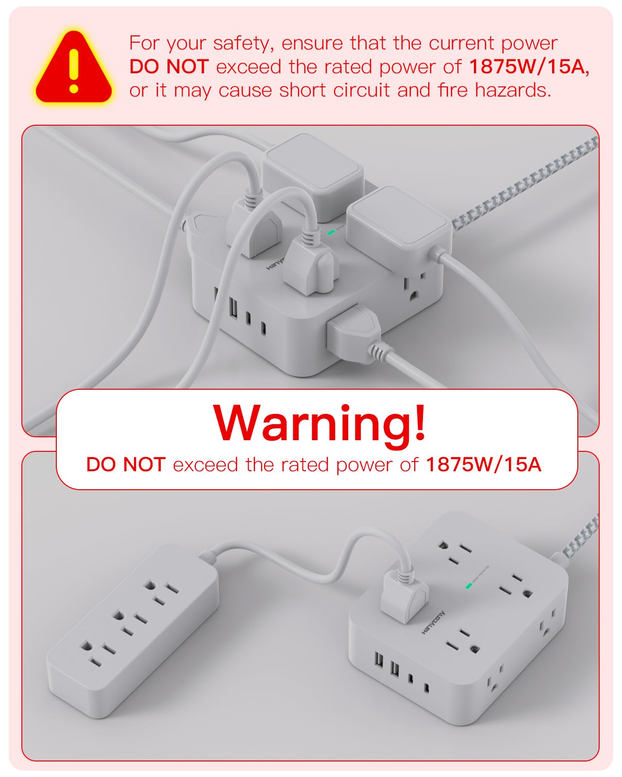 Surge Protector Power Strip - HANYCONY 8 Outlets 4 USB (2 USB C) Charging Ports, Multi Plug Outlet Extender, 5Ft Braided Extension Cord, Flat Plug Wall Mount Desk Charging Station for Home Office ETL