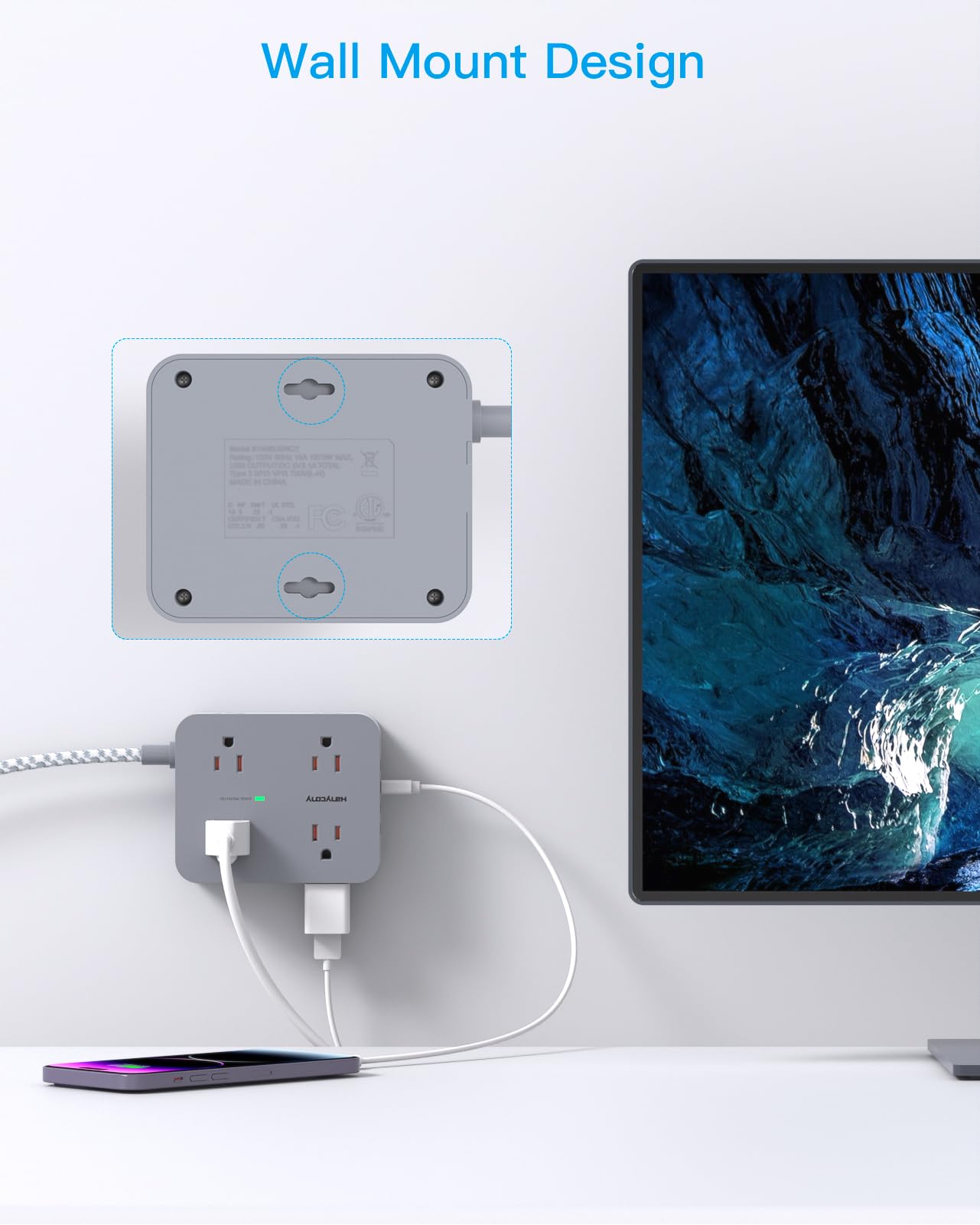 Surge Protector Power Strip - HANYCONY 8 Outlets 4 USB (2 USB C) Charging Ports, Multi Plug Outlet Extender, 5Ft Braided Extension Cord, Flat Plug Wall Mount Desk Charging Station for Home Office ETL