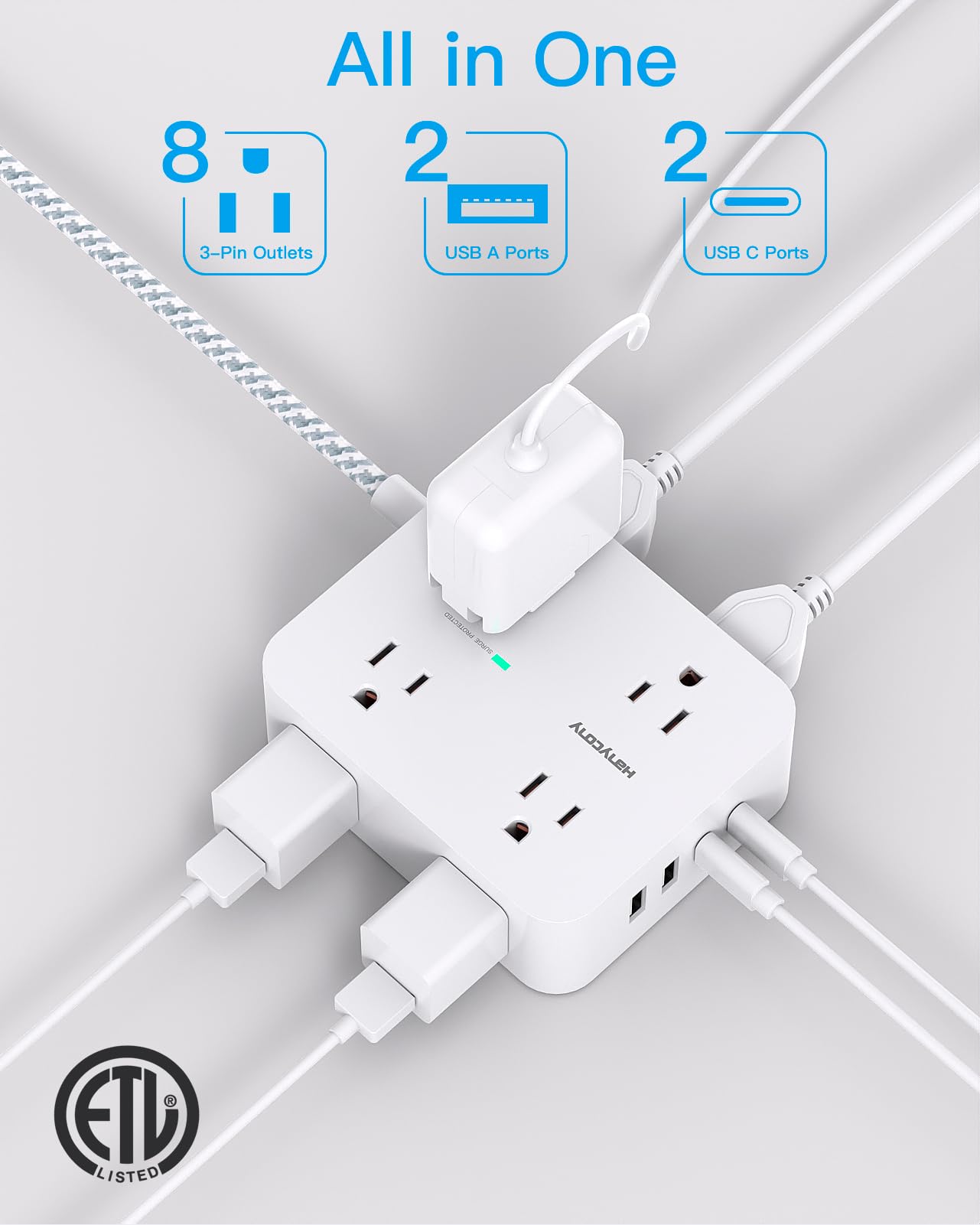 Surge Protector Power Strip - HANYCONY 8 Outlets 4 USB (2 USB C) Charging Ports, Multi Plug Outlet Extender, 5Ft Braided Extension Cord, Flat Plug Wall Mount Desk Charging Station for Home Office ETL