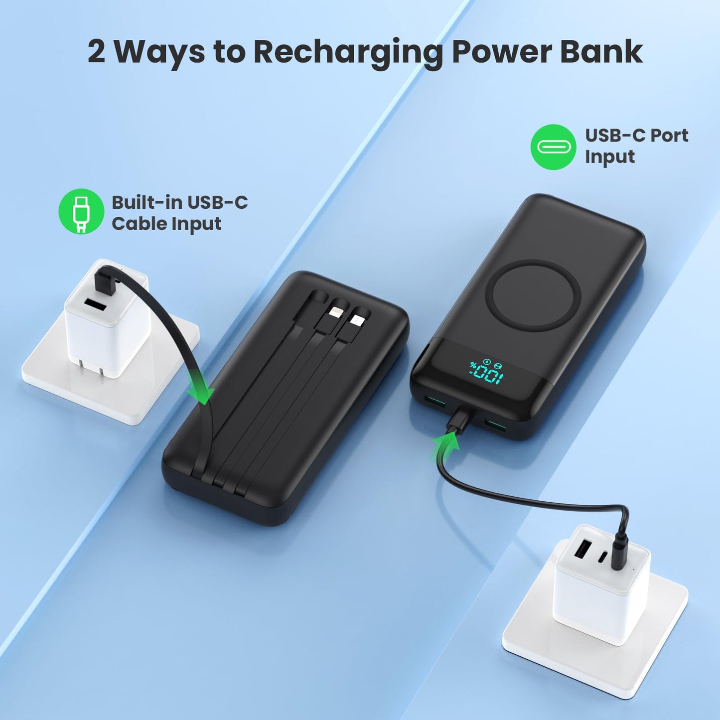 Wireless Portable Charger 40800mAh with 3 Built-in Cables,7-in-1 15W Wireless Charging Power Bank,25W PD QC 4.0 Fast Charging USB C LCD Display Battery Pack for iPhone 17/16/15/13,Samsung,Android etc