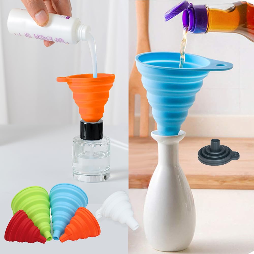 Kitchen Funnel Set 4 Pack, Small and Large, Kitchen Gadgets Accessories Foldable Silicone Collapsible Funnels for Filling Water Bottle Liquid Transfer Food Grade