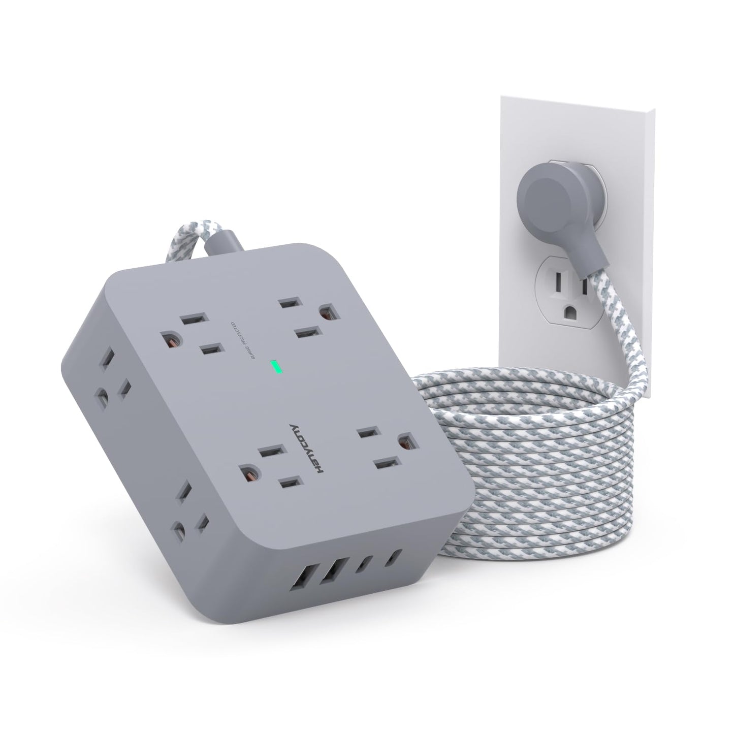Surge Protector Power Strip - HANYCONY 8 Outlets 4 USB (2 USB C) Charging Ports, Multi Plug Outlet Extender, 5Ft Braided Extension Cord, Flat Plug Wall Mount Desk Charging Station for Home Office ETL