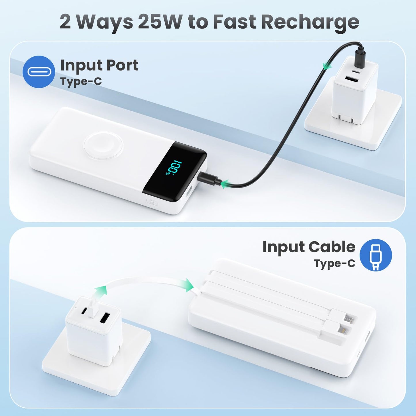 Wireless Portable Charger 40800mAh with 3 Built-in Cables,7-in-1 15W Wireless Charging Power Bank,25W PD QC 4.0 Fast Charging USB C LCD Display Battery Pack for iPhone 17/16/15/13,Samsung,Android etc