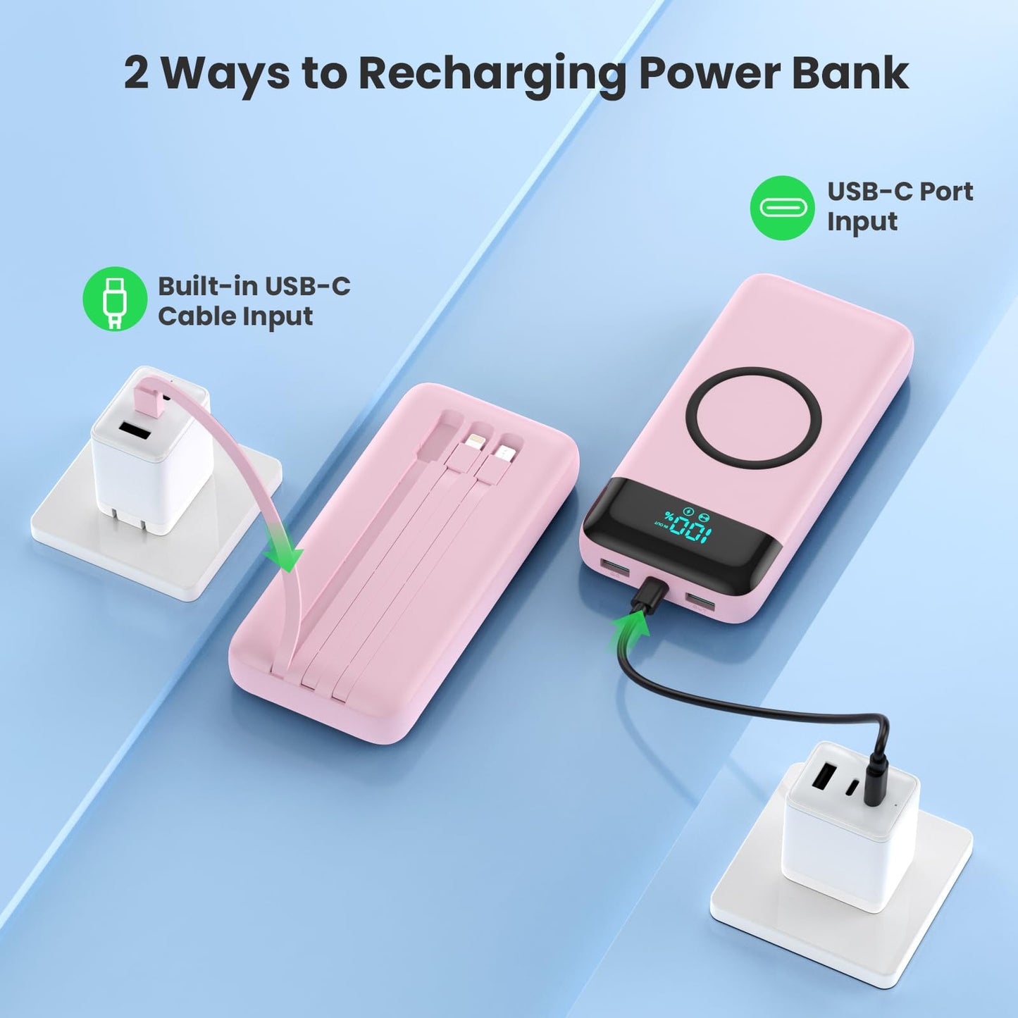 Wireless Portable Charger 40800mAh with 3 Built-in Cables,7-in-1 15W Wireless Charging Power Bank,25W PD QC 4.0 Fast Charging USB C LCD Display Battery Pack for iPhone 17/16/15/13,Samsung,Android etc