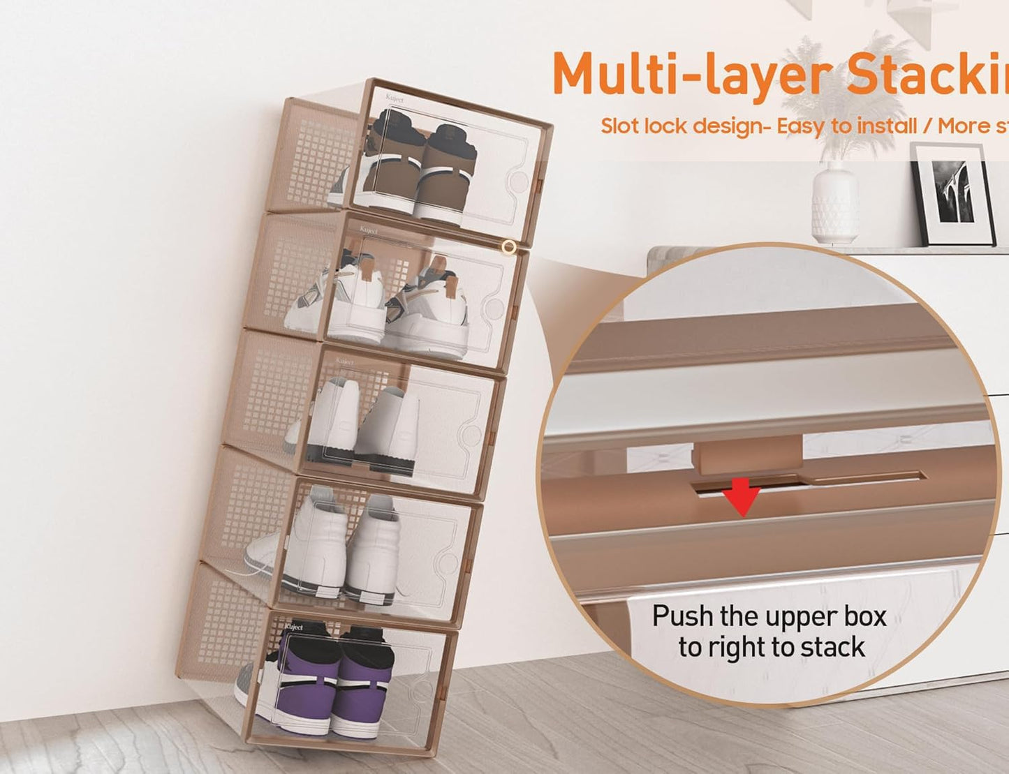 Shoe Storage Boxes Organizers Clear Plastic Stackable 12 Pack, Shoe Rack & Holder Substitute, Sneaker Containers, Toy Storage Organizer Bins for Entryway, Closet, Under Bed, Black