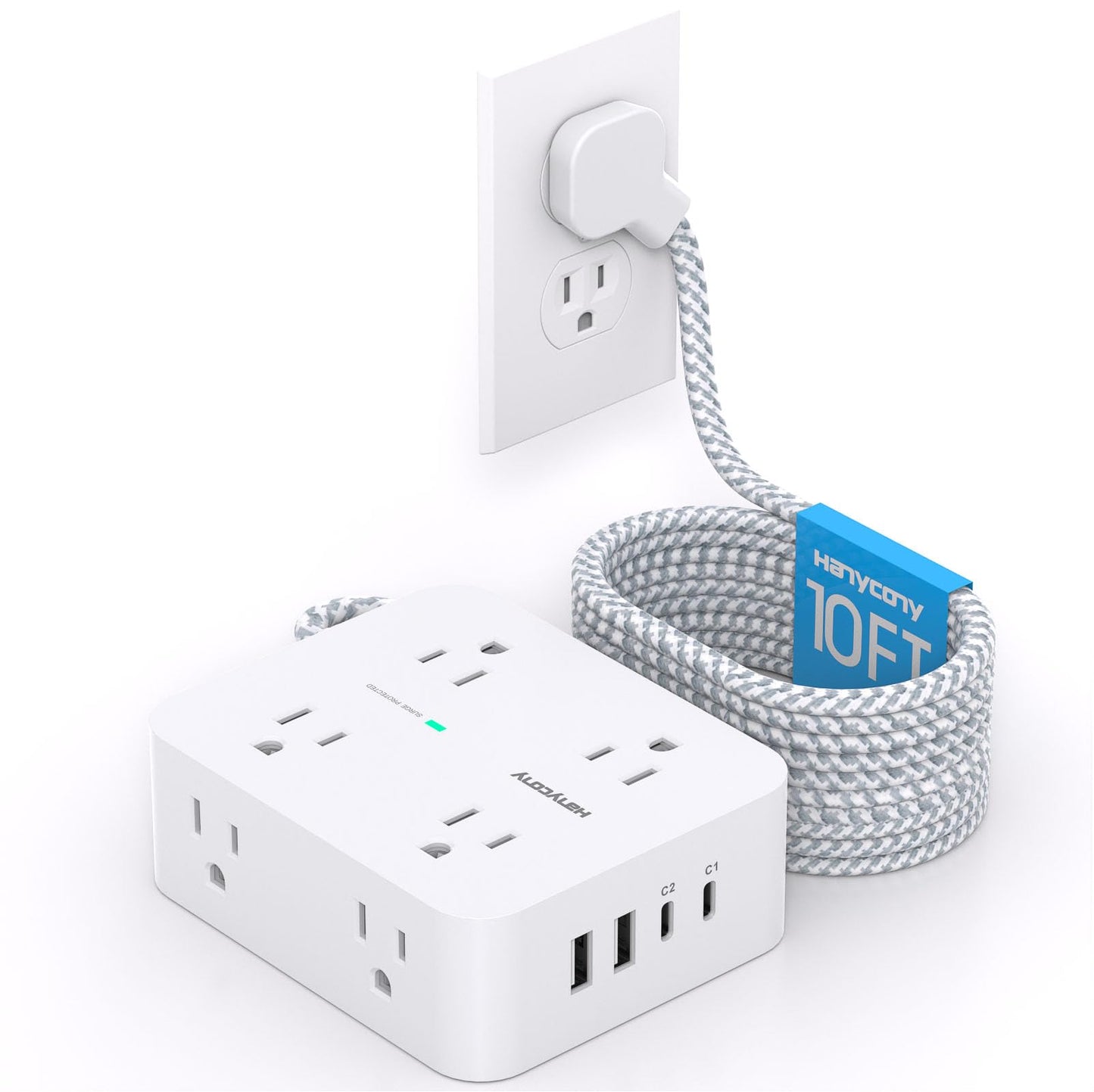 Surge Protector Power Strip - HANYCONY 8 Outlets 4 USB (2 USB C) Charging Ports, Multi Plug Outlet Extender, 5Ft Braided Extension Cord, Flat Plug Wall Mount Desk Charging Station for Home Office ETL