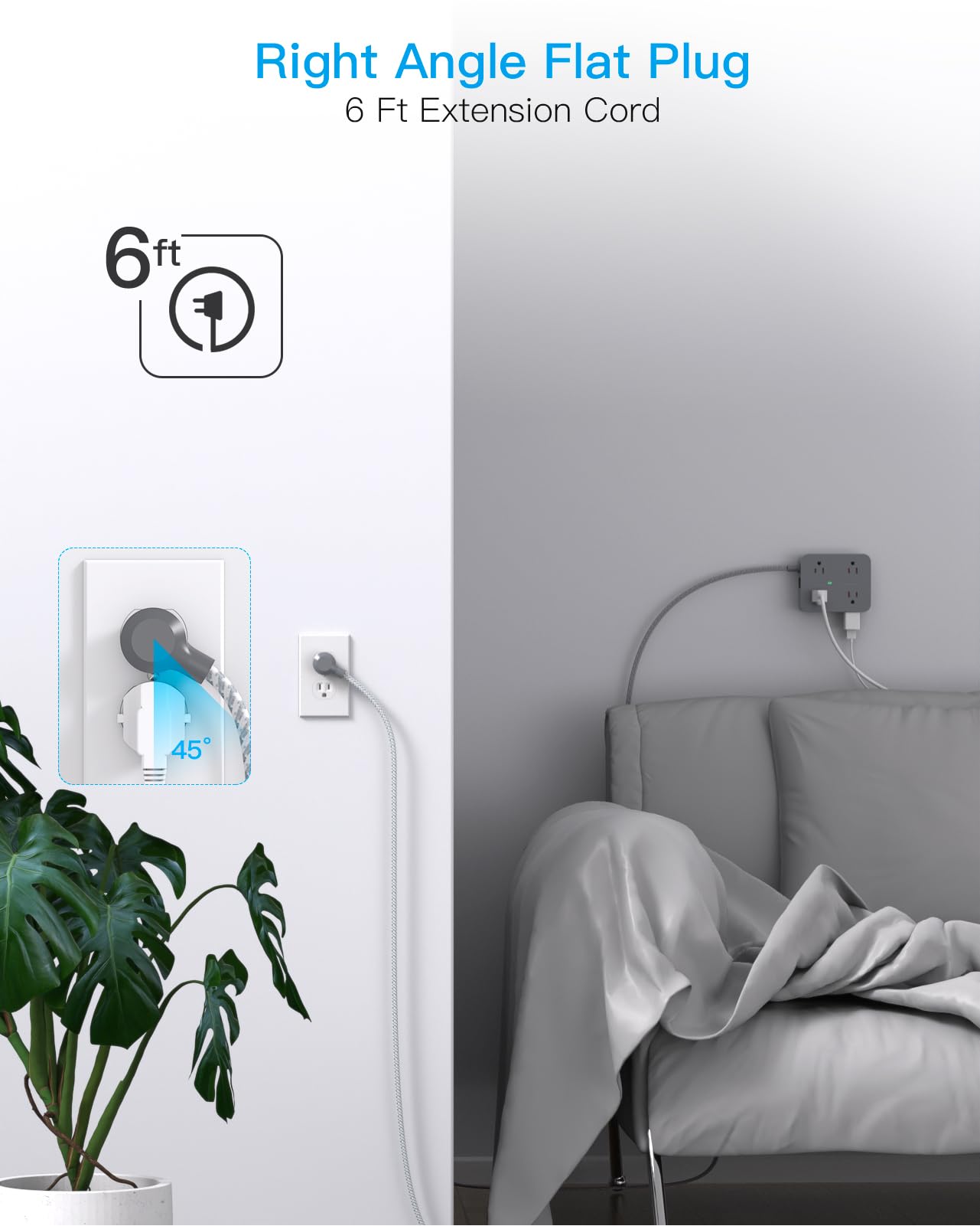 Surge Protector Power Strip - HANYCONY 8 Outlets 4 USB (2 USB C) Charging Ports, Multi Plug Outlet Extender, 5Ft Braided Extension Cord, Flat Plug Wall Mount Desk Charging Station for Home Office ETL