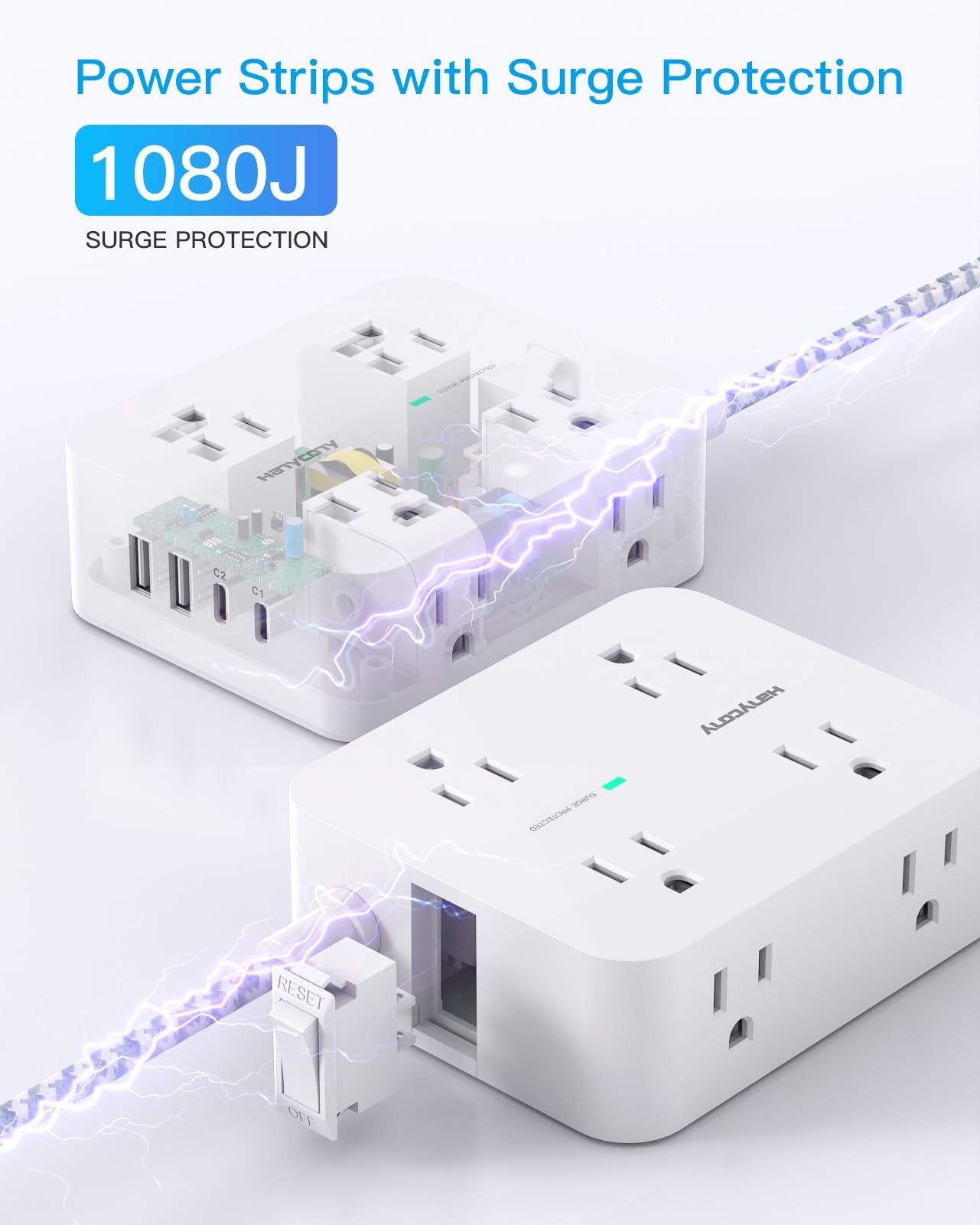 Surge Protector Power Strip - HANYCONY 8 Outlets 4 USB (2 USB C) Charging Ports, Multi Plug Outlet Extender, 5Ft Braided Extension Cord, Flat Plug Wall Mount Desk Charging Station for Home Office ETL