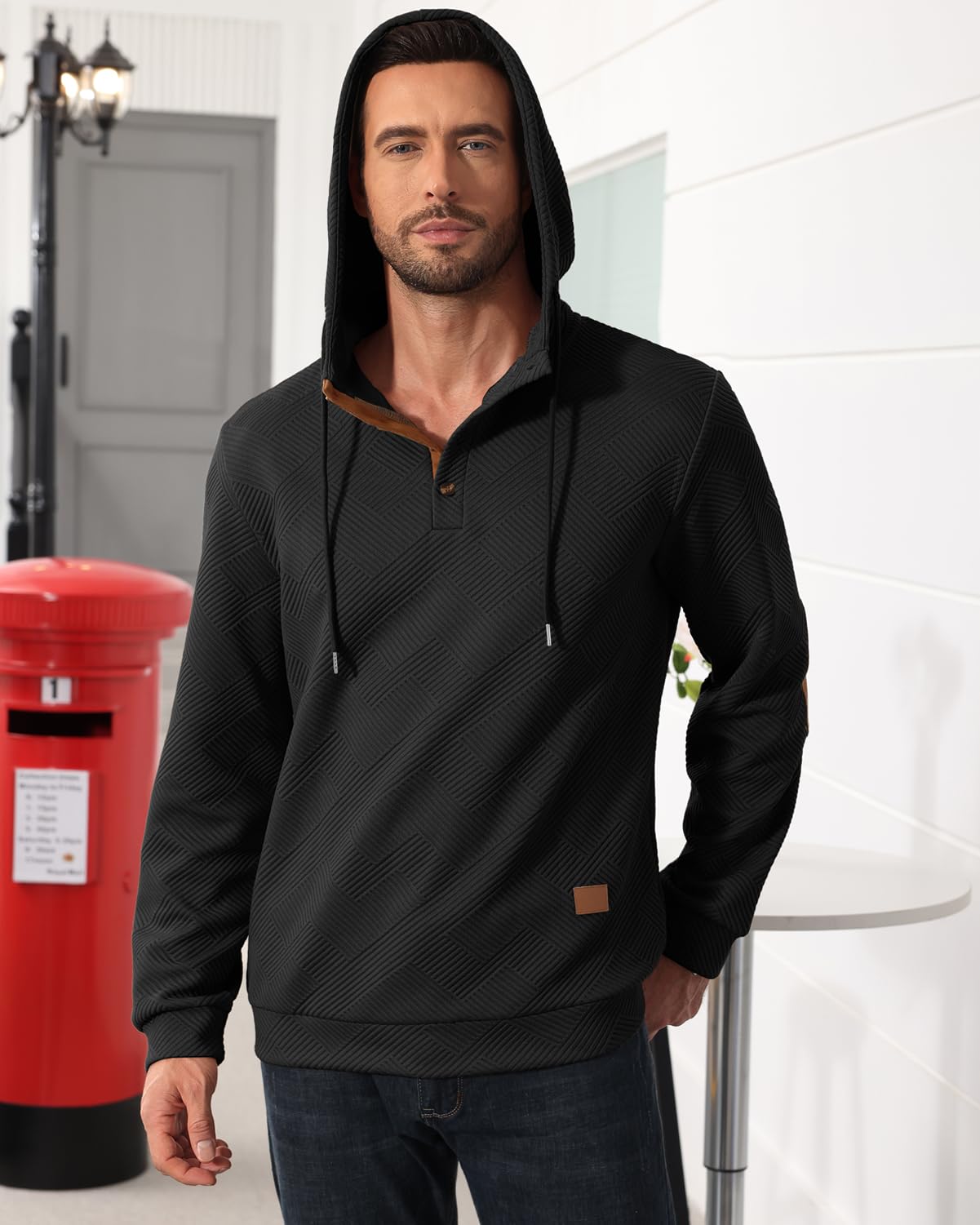 Men's Hoodies Pullover Casual Long Sleeve Stand Collar Button Pullover Sweatshirts Color Block Pullover Black L